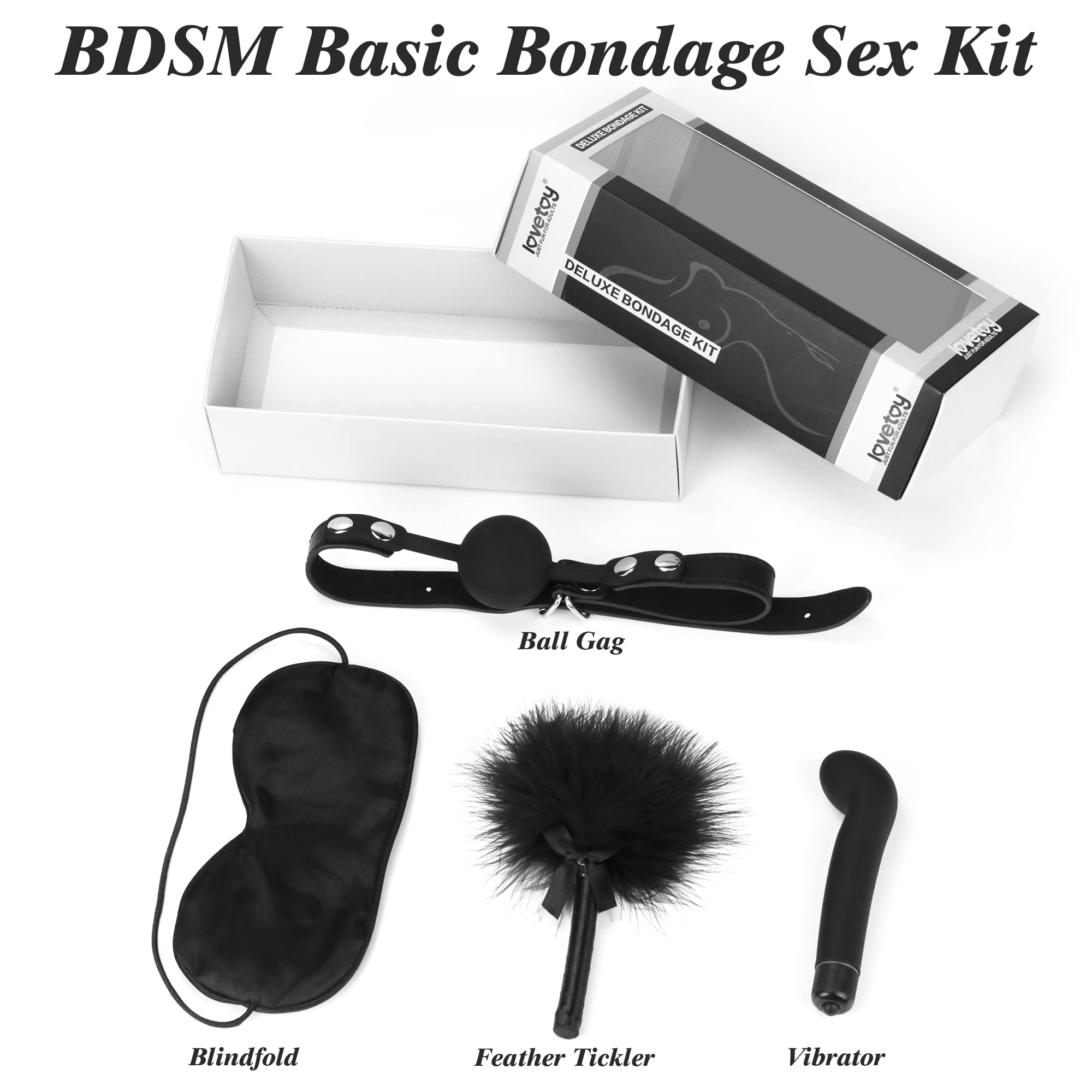 BDSM Bondage Kit for Couples - Adult Restraint Set with Ball Gag, Blindfold, Feather Tickler & Vibrator - Beginner Friendly BDSM Toys for Sensual Play & Spicing Up Relationships