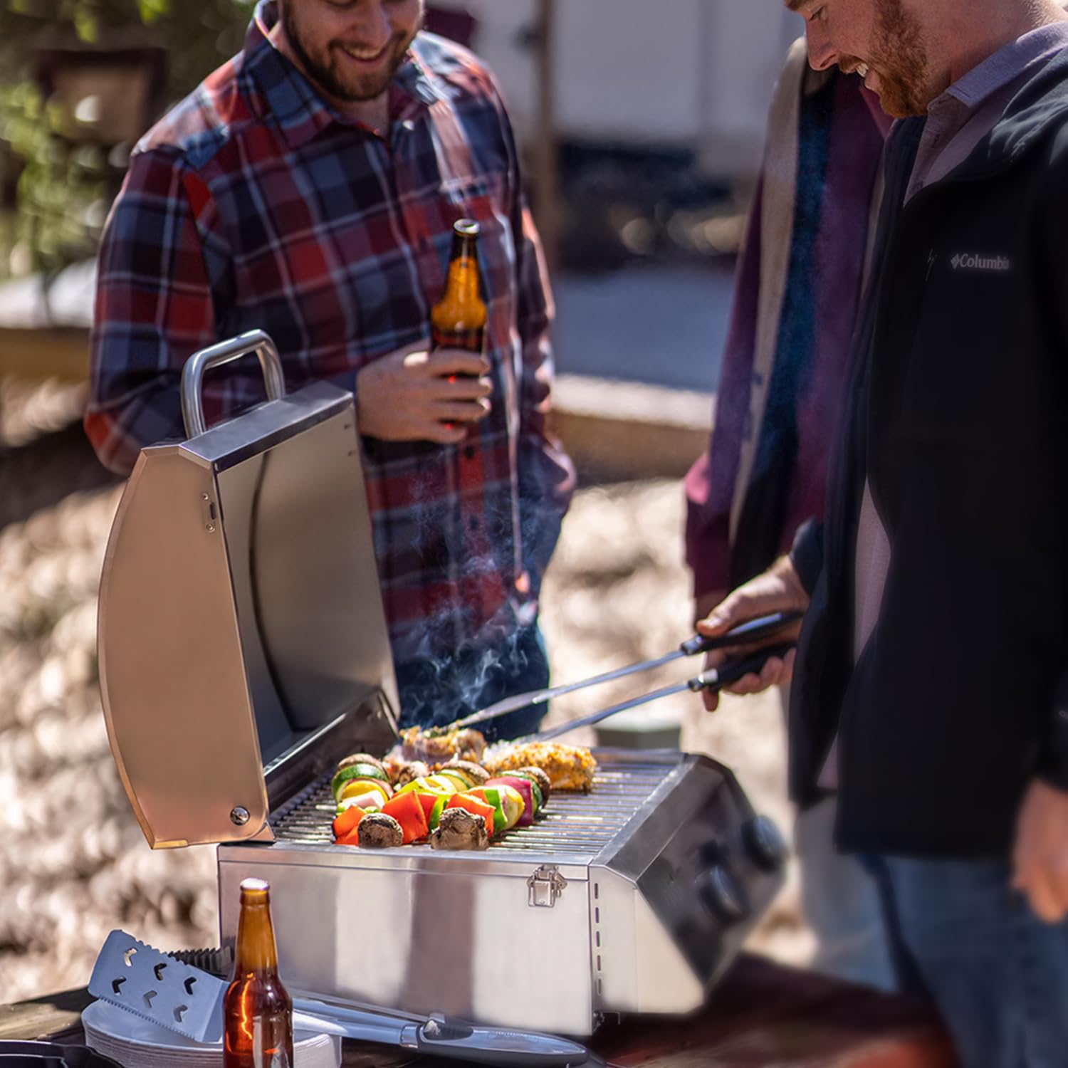 Portable Stainless Steel Tabletop Propane Gas Grill for Outdoor Camping, Picnics & Tailgating - Compact Travel Design with Locking Lid & Built-in Thermometer - Perfect for Backyard BBQs, RV Trips & Beach Cookouts