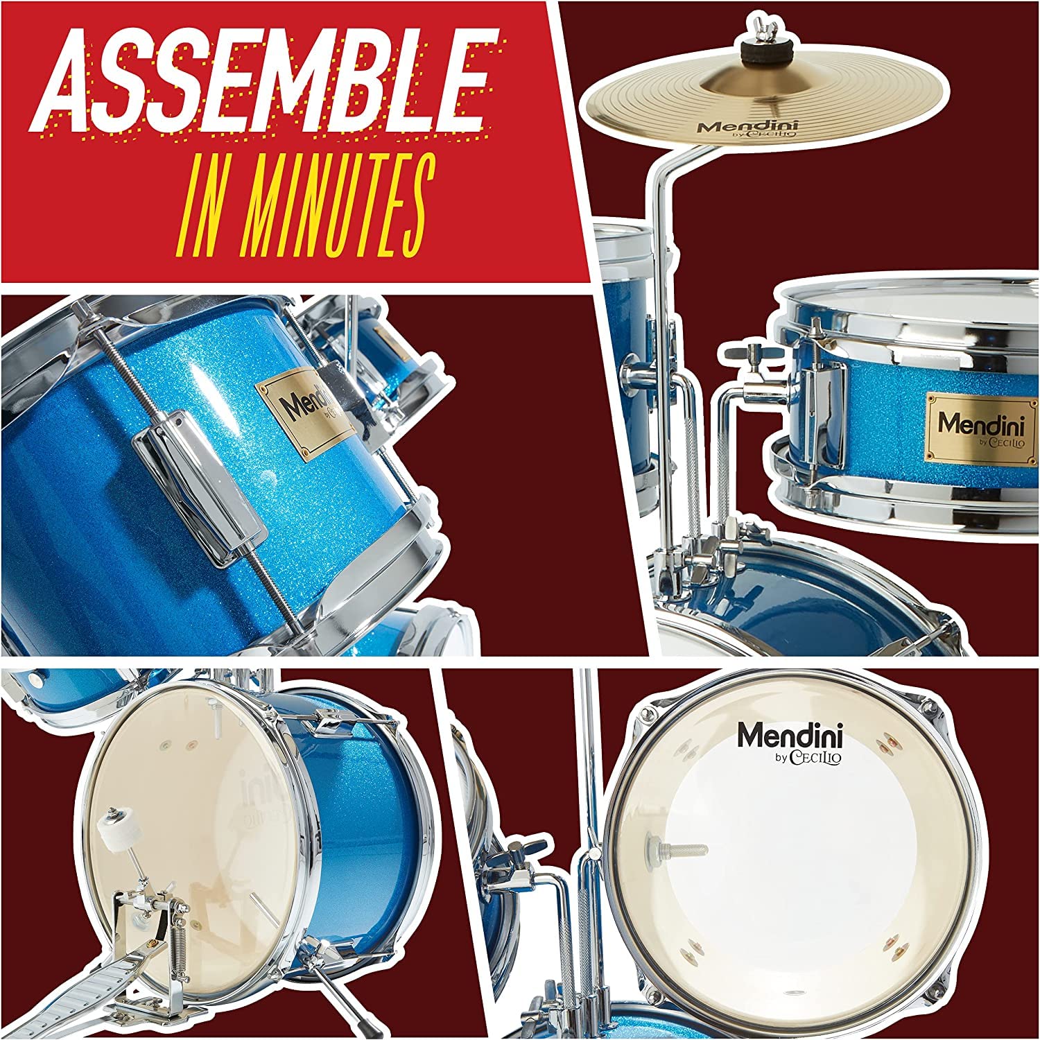 Mendini by Cecilio Kids Drum Set - 4-Piece Junior Drum Kit with Bass Drum, Tom, Snare & Cymbal - Includes Drumsticks & Adjustable Drum Throne - Best Beginner Drum Set for Kids - Perfect for Home Practice, Music Lessons & Birthday Gifts