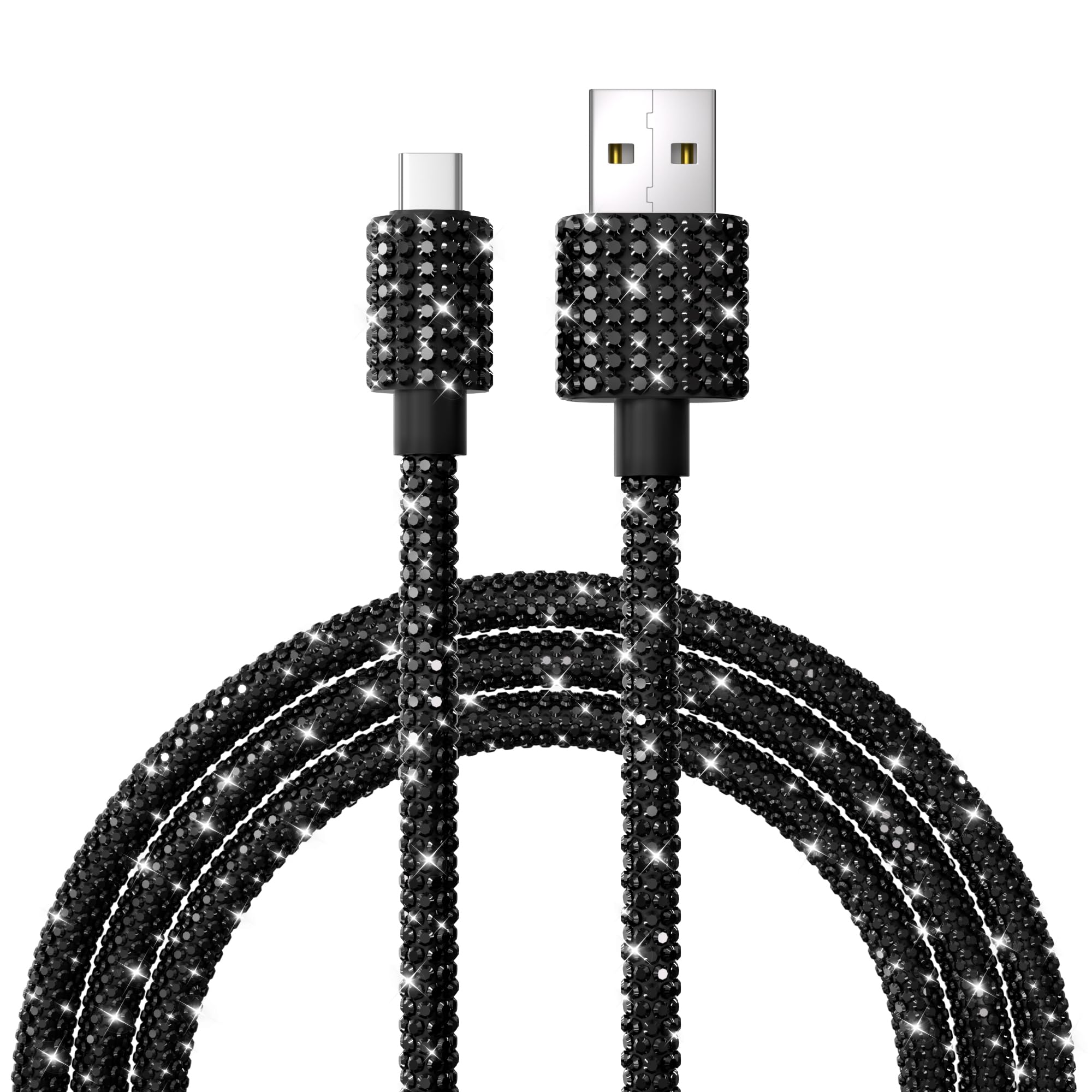 60W USB to USB C Fast Charging Cable 4FT - Bling Sparkling Black Diamond Braided Cord for iPhone 16/15/Plus/Pro/Max, Samsung Galaxy S25/S24/S23 - Perfect for Home, Office & Travel Charging
