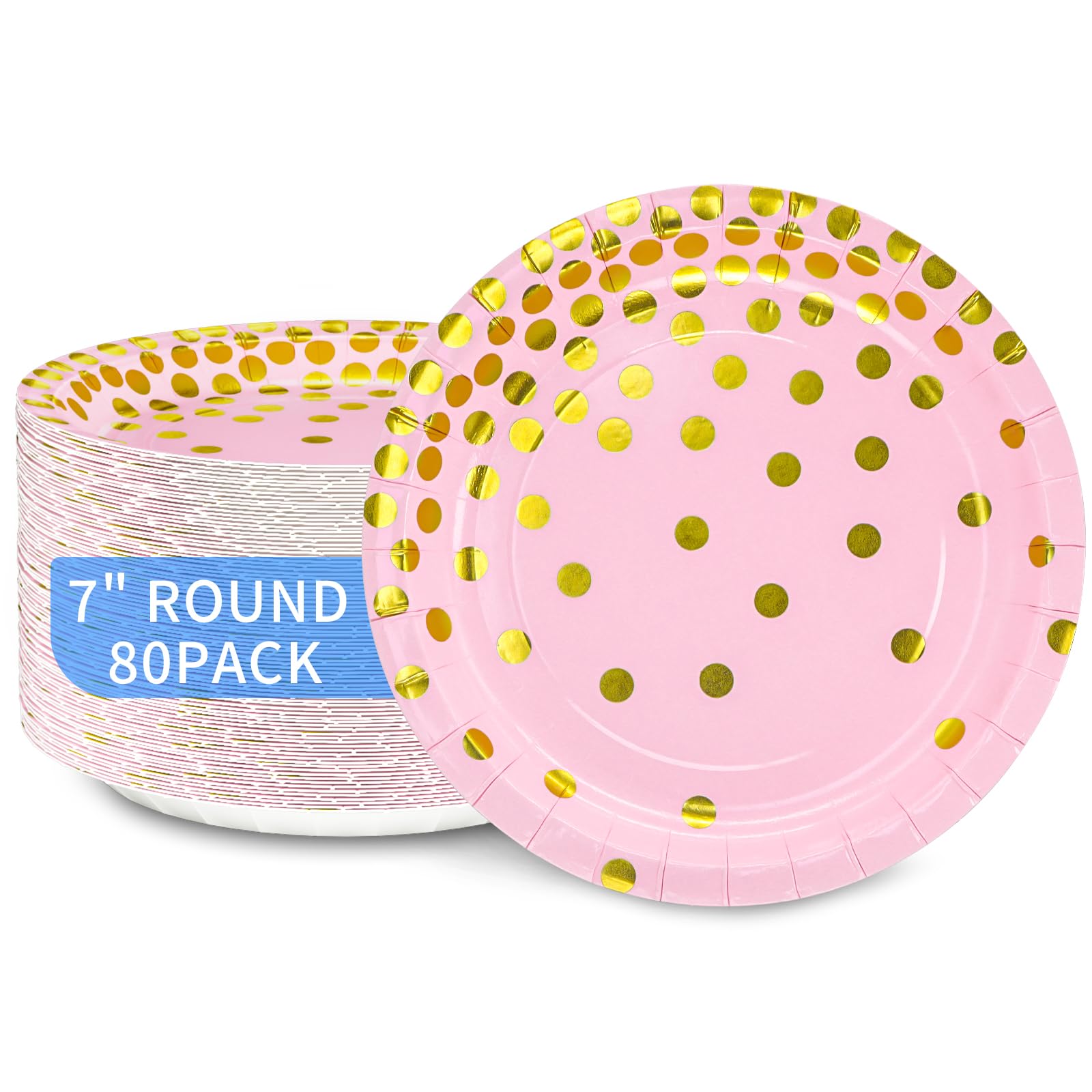 DYLIVeS 80 Count Pink and Gold 7 Inch Disposable Paper Plates - Metallic Foil Polka Dot Design for Desserts, Cocktails & Parties - Perfect for Birthday, Bridal Shower, Easter & Graduation Celebrations - Elegant Tableware for Indoor & Outdoor Events