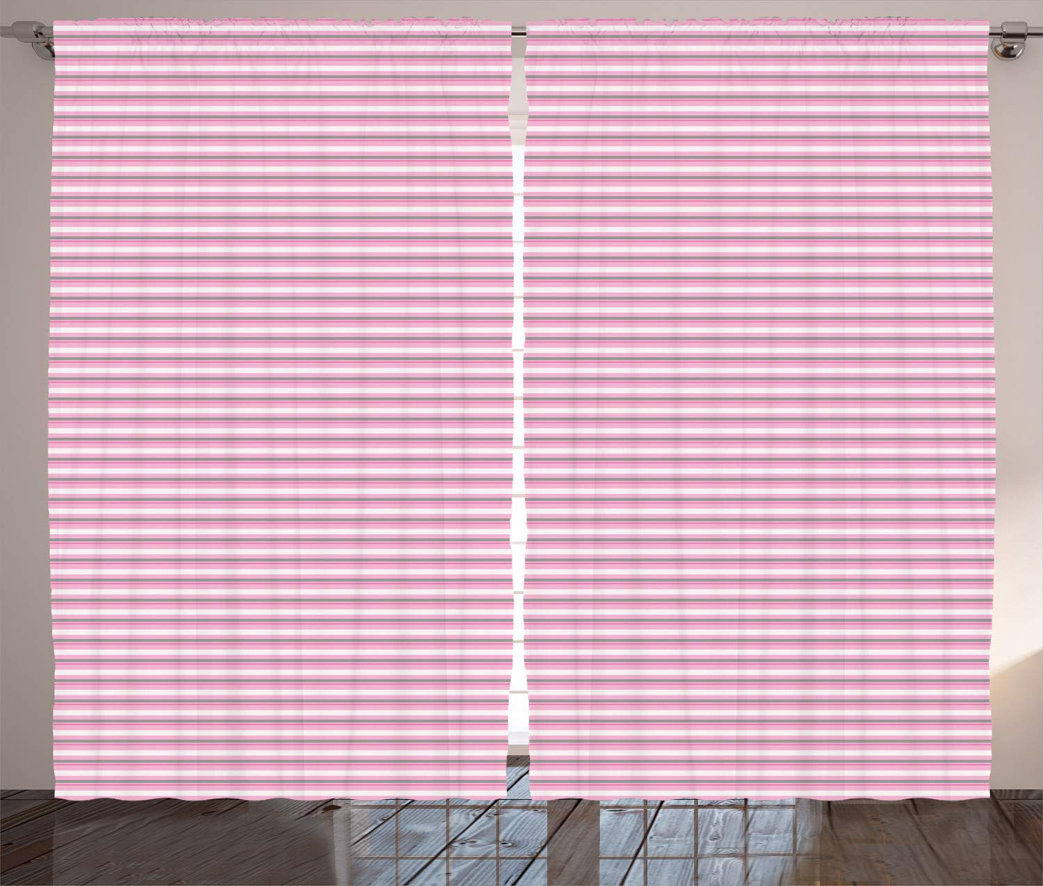 Ambesonne Geometric Curtains - Modern Striped Pattern with Pink, Grey & White Thick Lines - 2 Panel Set (108