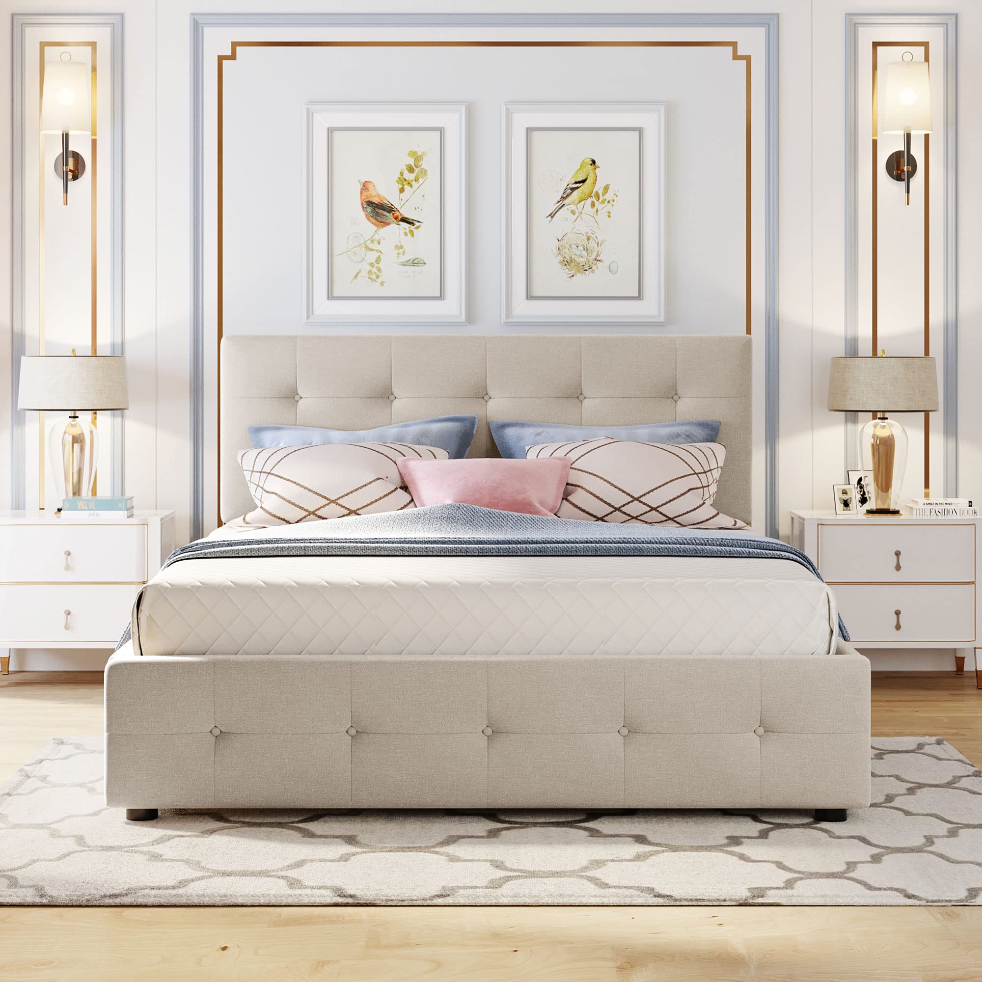 Queen Size Upholstered Platform Bed with Storage Drawers & Twin XL Trundle - Wooden Frame, Button Tufted Headboard in Beige - Perfect for Small Bedrooms, Guest Rooms & Space-Saving Solutions
