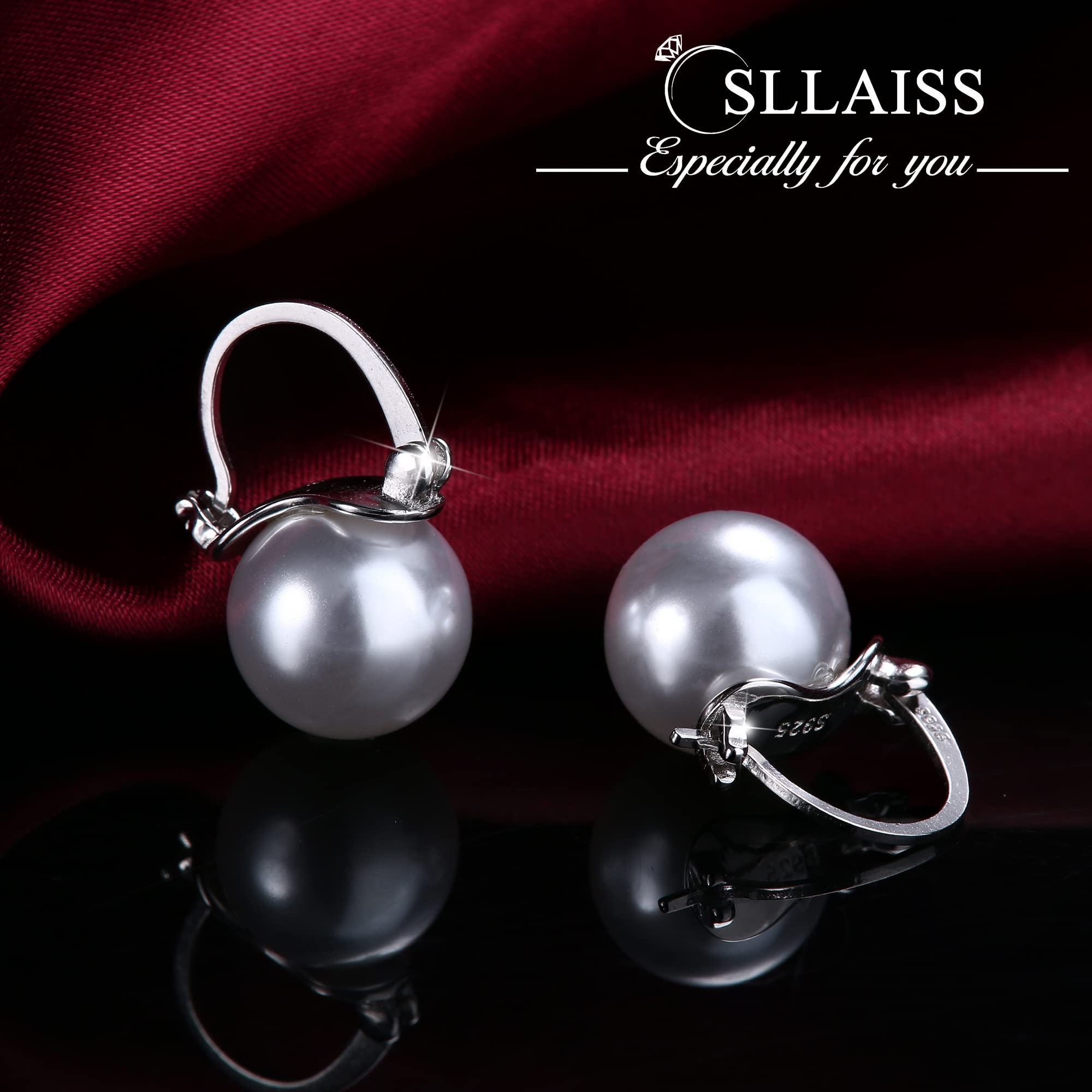 Sllaiss 925 Sterling Silver Pearl Hoop Earrings for Women - Dangle Pearl Drop Earrings with AAA Cubic Zirconia - Elegant Huggie Hoop Jewelry for Anniversary, Christmas & Special Occasions (12mm Large Size) - Perfect for Weddings, Parties & Everyday Wear