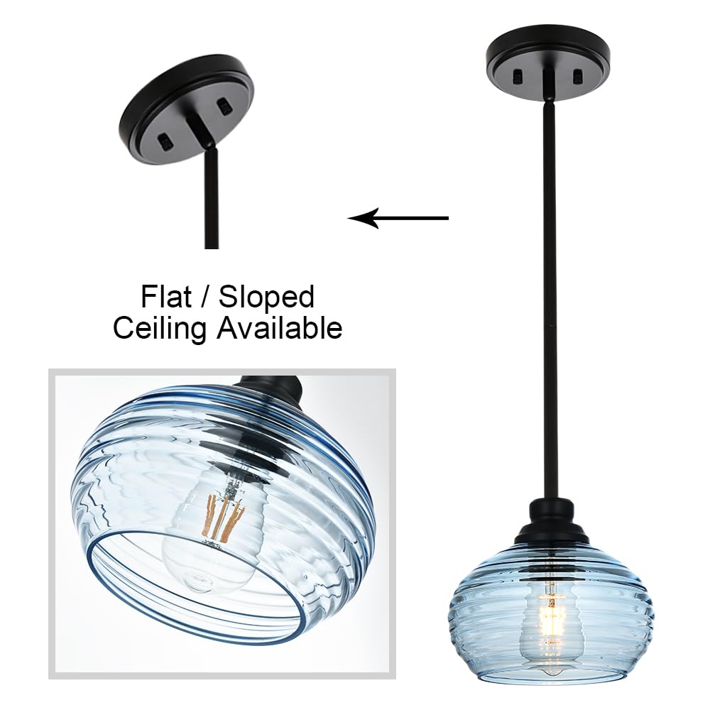 MELUCEE Black Mini Pendant Light with Blue Water Ripple Glass Shade - Modern Ceiling Hanging Light for Kitchen Island, Dining Room, Over Sink | Coastal Contemporary Lighting for Home Decor