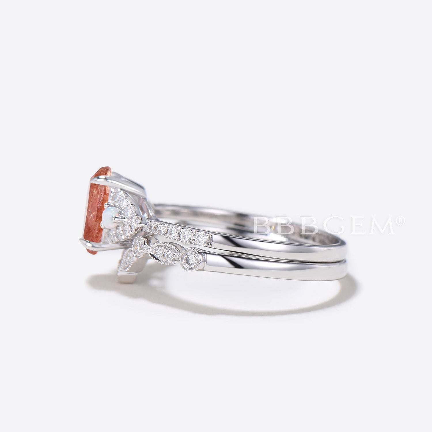 Elegant Oval Sunstone Engagement Ring in 14K White Gold with Cluster Diamonds - Perfect for Weddings, Proposals & Anniversary Gifts