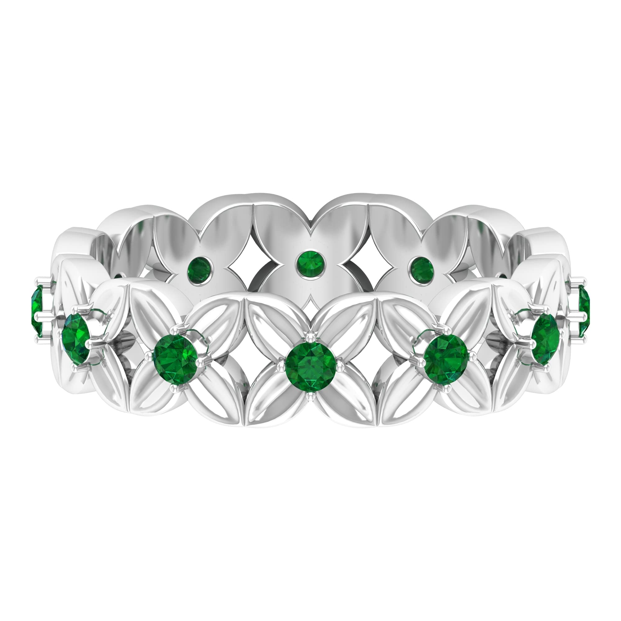 1/2 CT Emerald Band Ring for Women - 14K Solid Gold Floral Engraved May Birthstone Ring | Elegant Gift for Her, Anniversary, Wedding, or Special Occasion