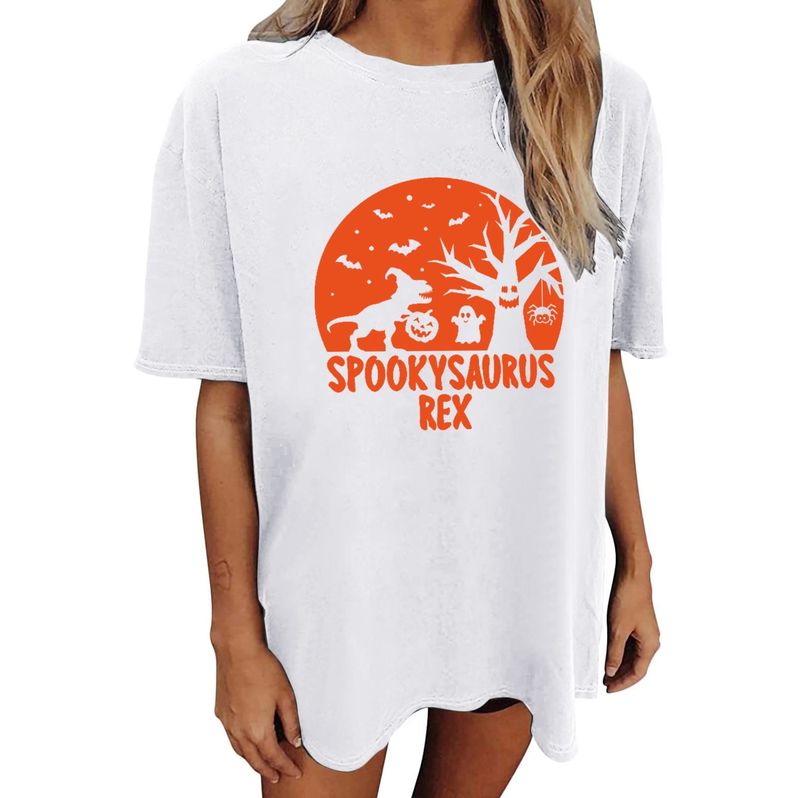 **Halloween Women's Skeleton Printed Short Sleeve T-Shirt - Casual Loose Fit Funny Graphic Tee for Costume Parties & Everyday Wear (White, S)**