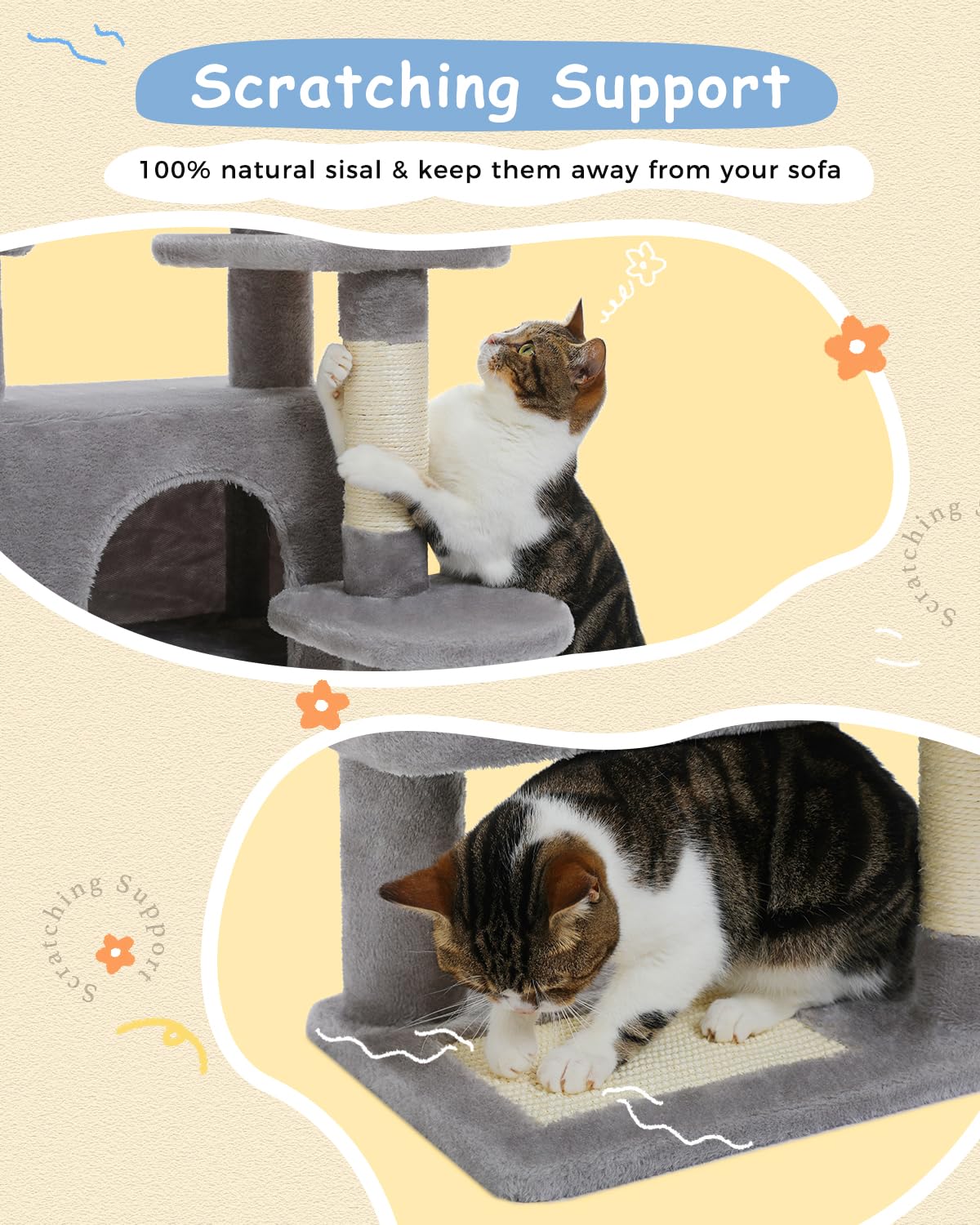 PEQULTI 34.6 Inch Cat Tree for Indoor Cats - Multi-Level Cat Tower with Large Hammock, Cozy Condo House & Scratching Post - Durable Cat Activity Tree with Removable Top Bed (Grey) - Perfect for Small Spaces & Playful Kittens