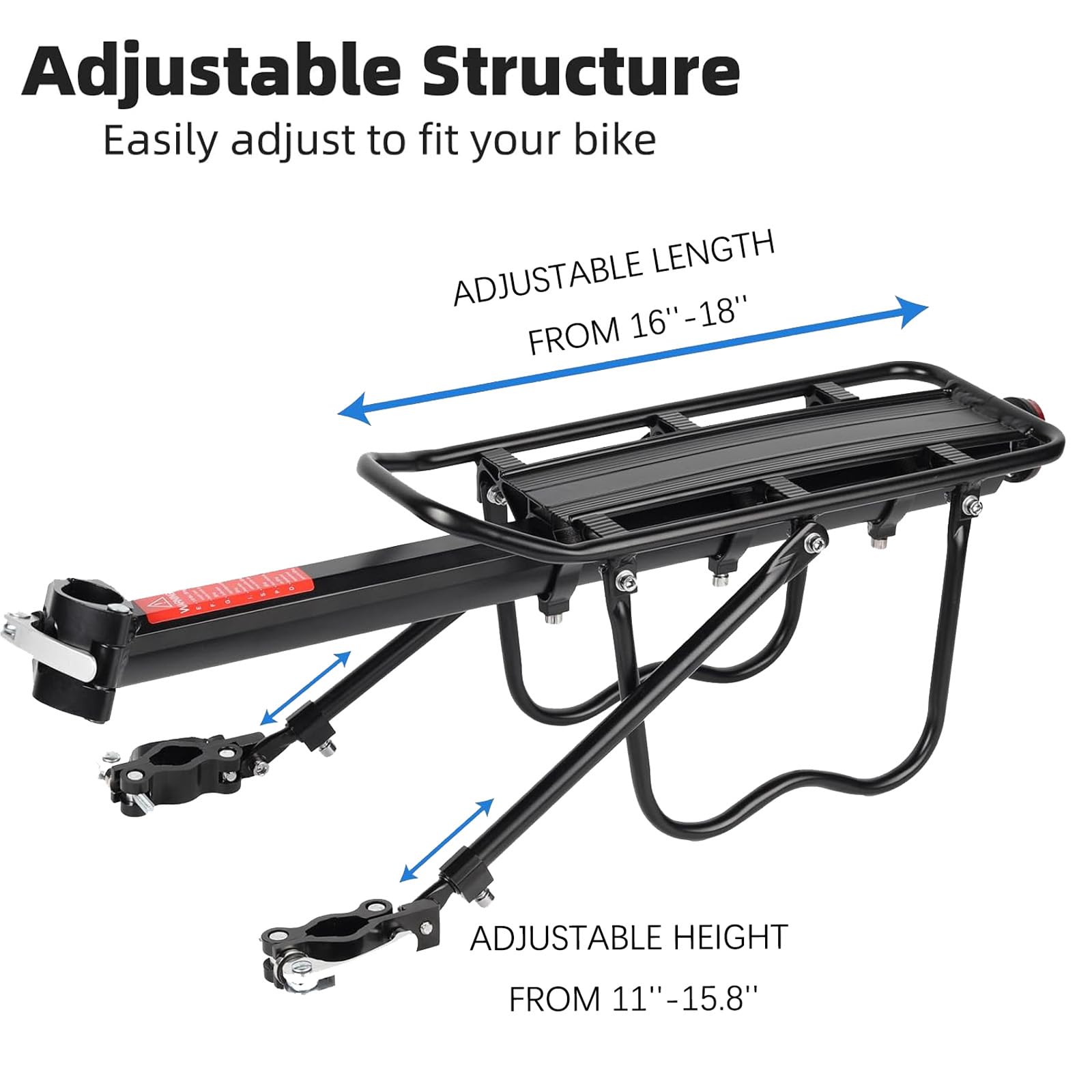 Heavy Duty Rear Bike Rack with 110Lb Capacity - Adjustable Bicycle Cargo Carrier with Detachable Storage Bag for Adults | Perfect for Commuting, Grocery Shopping & Outdoor Adventures