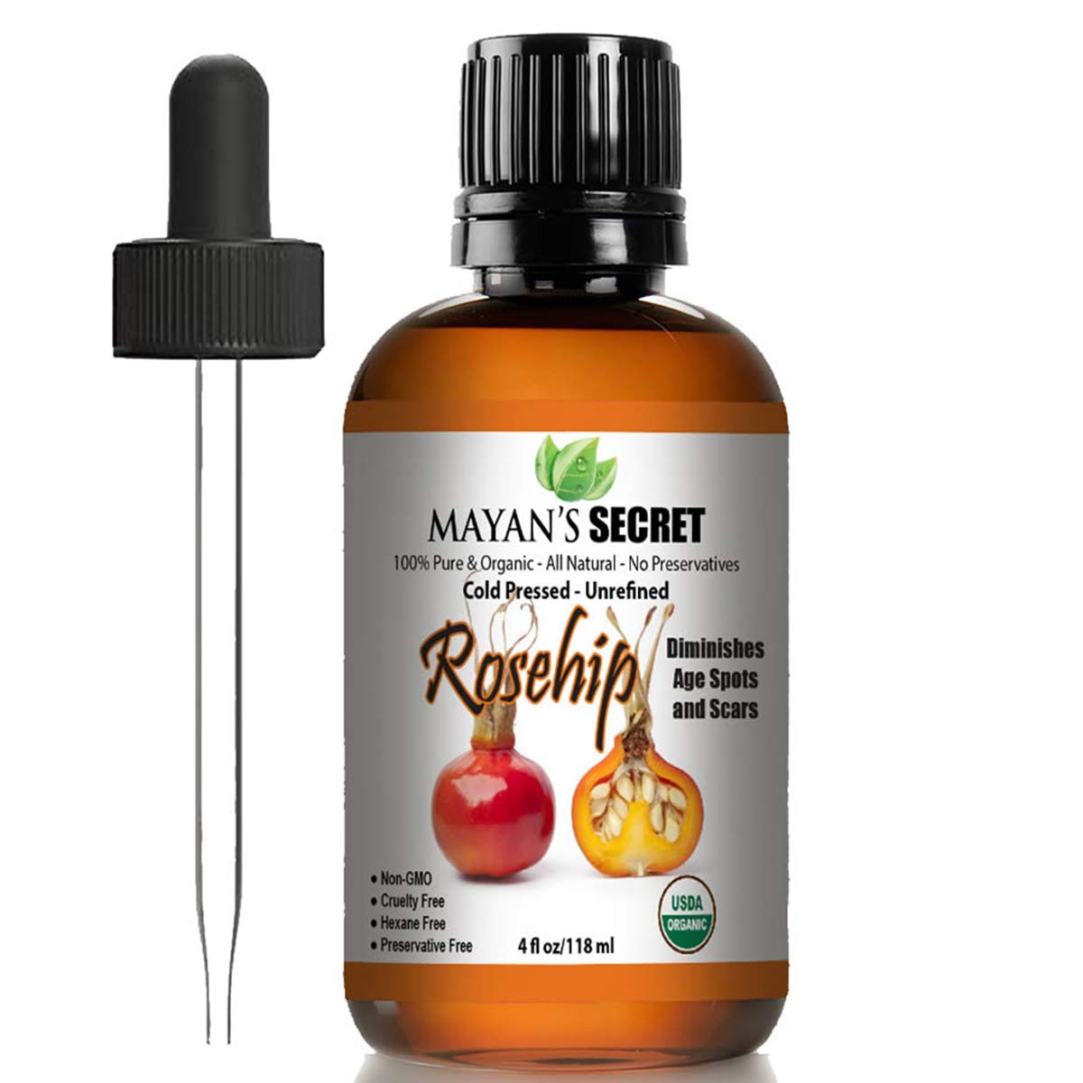 USDA Certified Organic Cold Pressed Unrefined Rosehip Seed Oil - Mayan's Secret AAA+ Grade Therapeutic Essential Oil for Face, Skin, Hair & Nails - Reduces Acne Scars & Wrinkles - Perfect for Nighttime Skincare & DIY Beauty Treatments