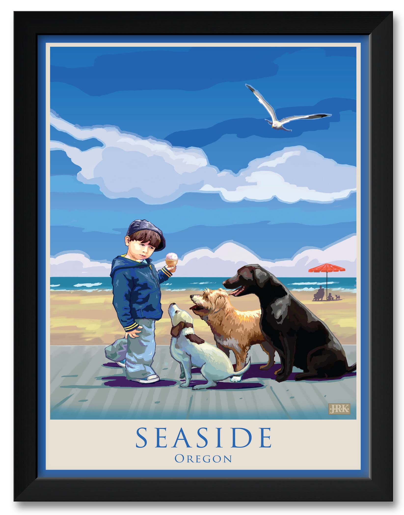 Seaside Oregon Dog Beach Art Print - Professionally Framed 20x26 Inch Dog Painting by Joanne Kollman - Perfect for Pet Lovers Home Decor & Coastal Themed Living Rooms