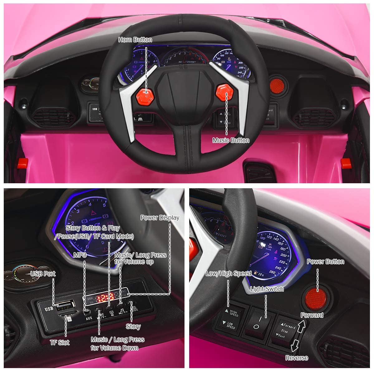 OLAKIDS 12V Battery-Powered Electric Ride-On Car for Kids with Parental Remote Control - Pink Toddler Toy Vehicle with Spring Suspension, 4 Wheels, Music, Horn, LED Lights, 3 Speed Settings, USB & TF Port | Perfect for Indoor Play, Outdoor Backyard Fun, and Birthday Gifts for Boys & Girls Ages 2-5