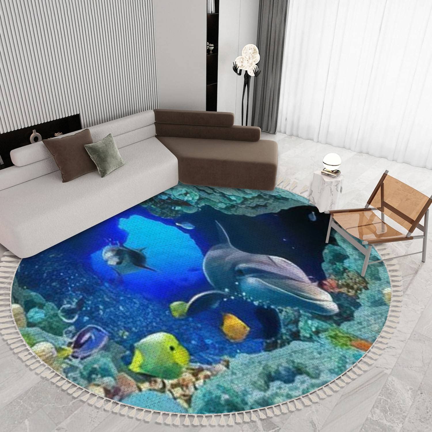 Round Fringe Shag Rugs - Ocean Animal Coral Design Underwater Theme Boho Throw Rug for Nursery, Playroom & Living Room - 6 ft Circle Carpet with Tassels - Perfect for Kids' Bedroom Decor and Coastal Home Styling