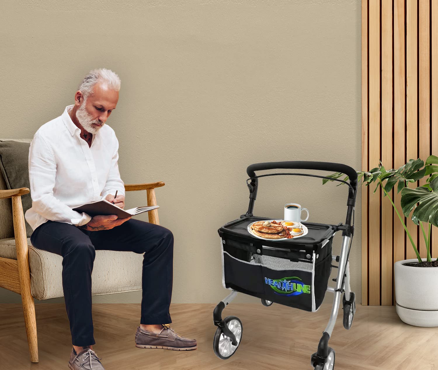 HEALTHLINE Lightweight 4-Wheel Rollator Walker for Seniors - Heavy Duty Mobility Aid with Storage Basket & Tray - Narrow Design Fits Through Doorways - Indoor Use for Elderly (White) - Perfect for Home, Hospital, and Assisted Living Facilities