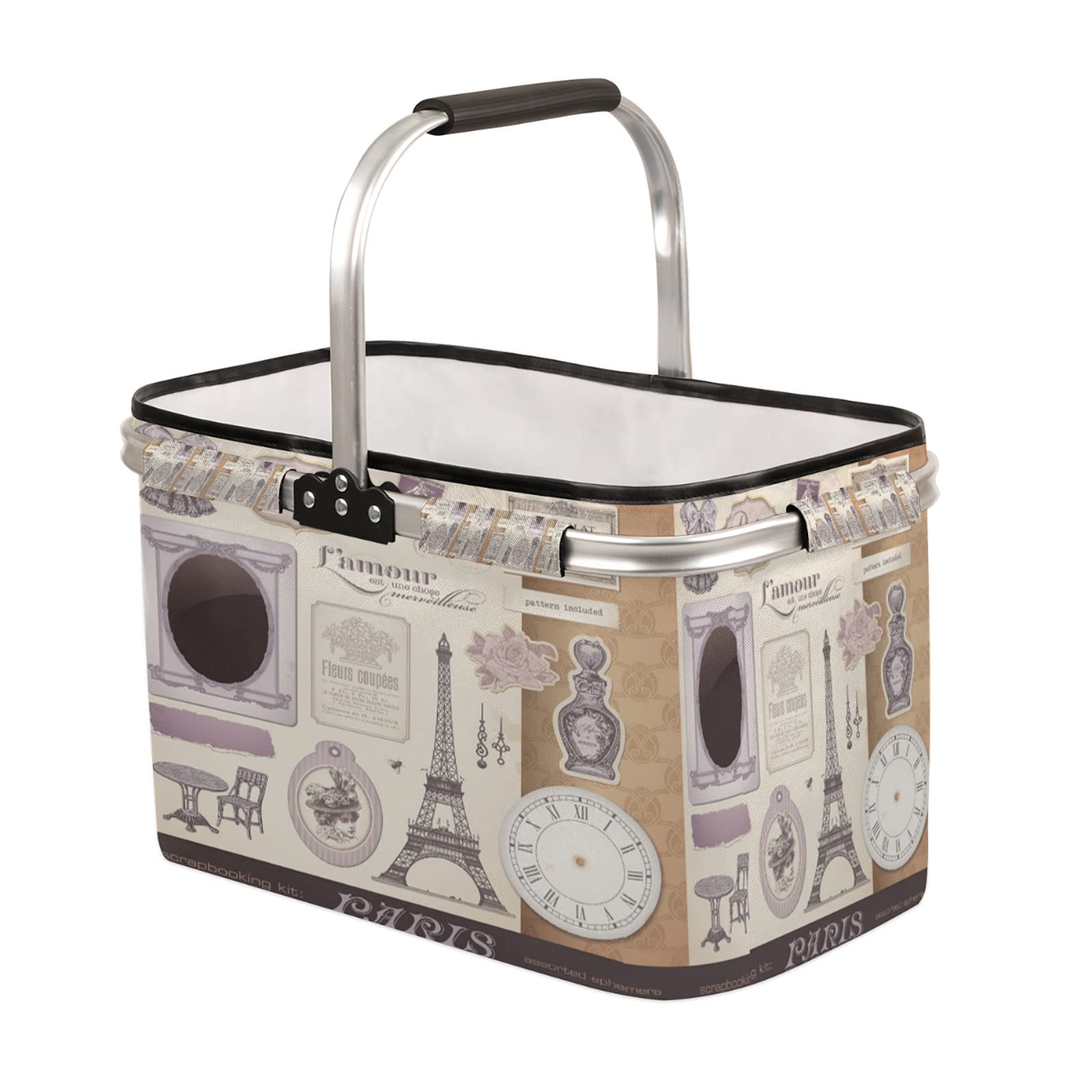 Collapsible Market Basket - Lightweight Reusable Shopping Tote with Aluminum Frame & Soft Handle - Perfect for Farmers Market, Grocery Shopping, Picnics & Home Storage (Retro Paris Style)