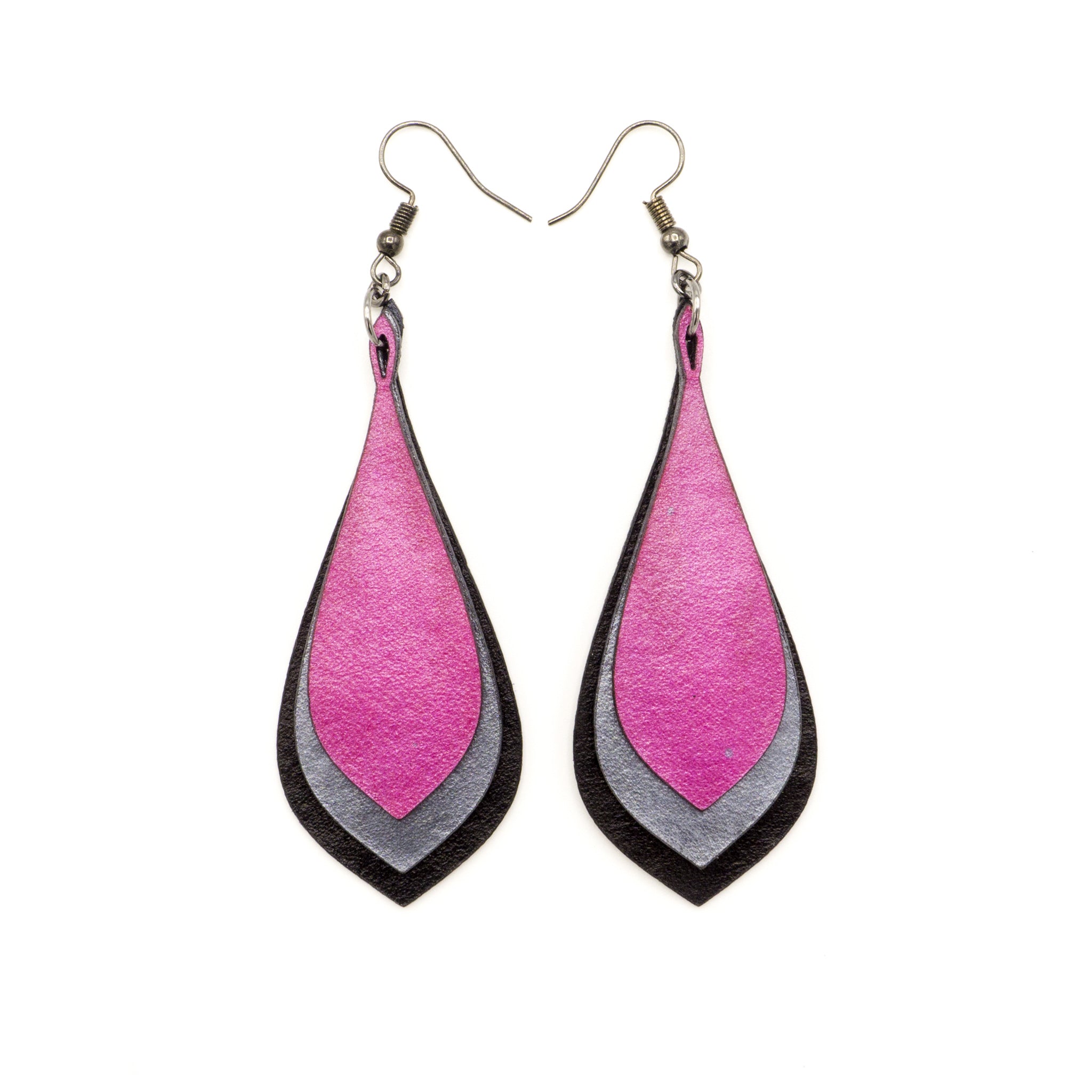 Kireina Genuine Leather Earrings for Women - Black, Silver & Fuchsia Pearl Dangle Earrings | Boho Chic Jewelry for Casual Wear, Parties & Special Occasions