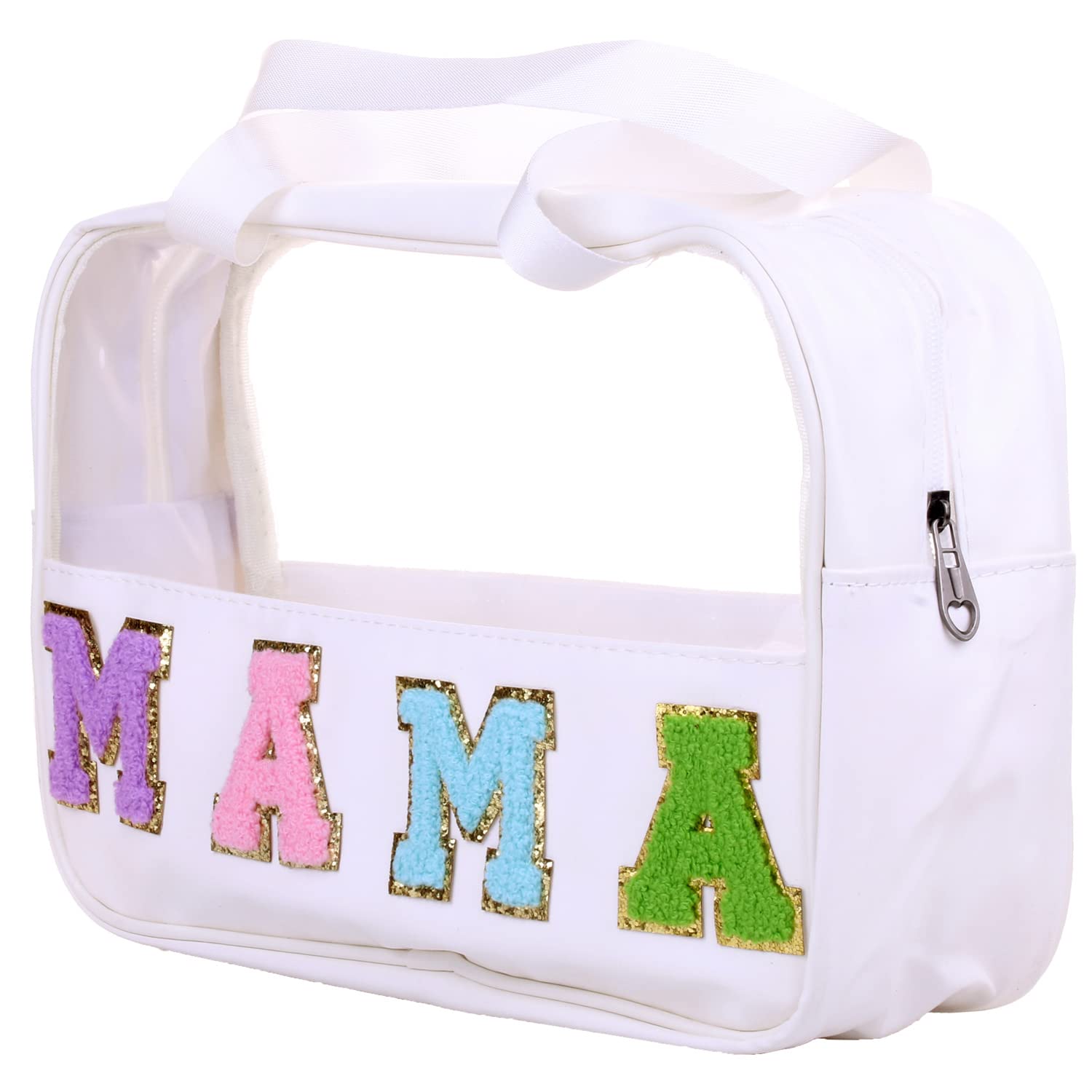 Waterproof Large Travel Cosmetic Bag - PU Leather & Clear PVC Makeup Organizer Toiletry Storage Tote for Women | Perfect for Airplane Carry-on, Gym Essentials & Daily Beauty Products (MAMA-White)