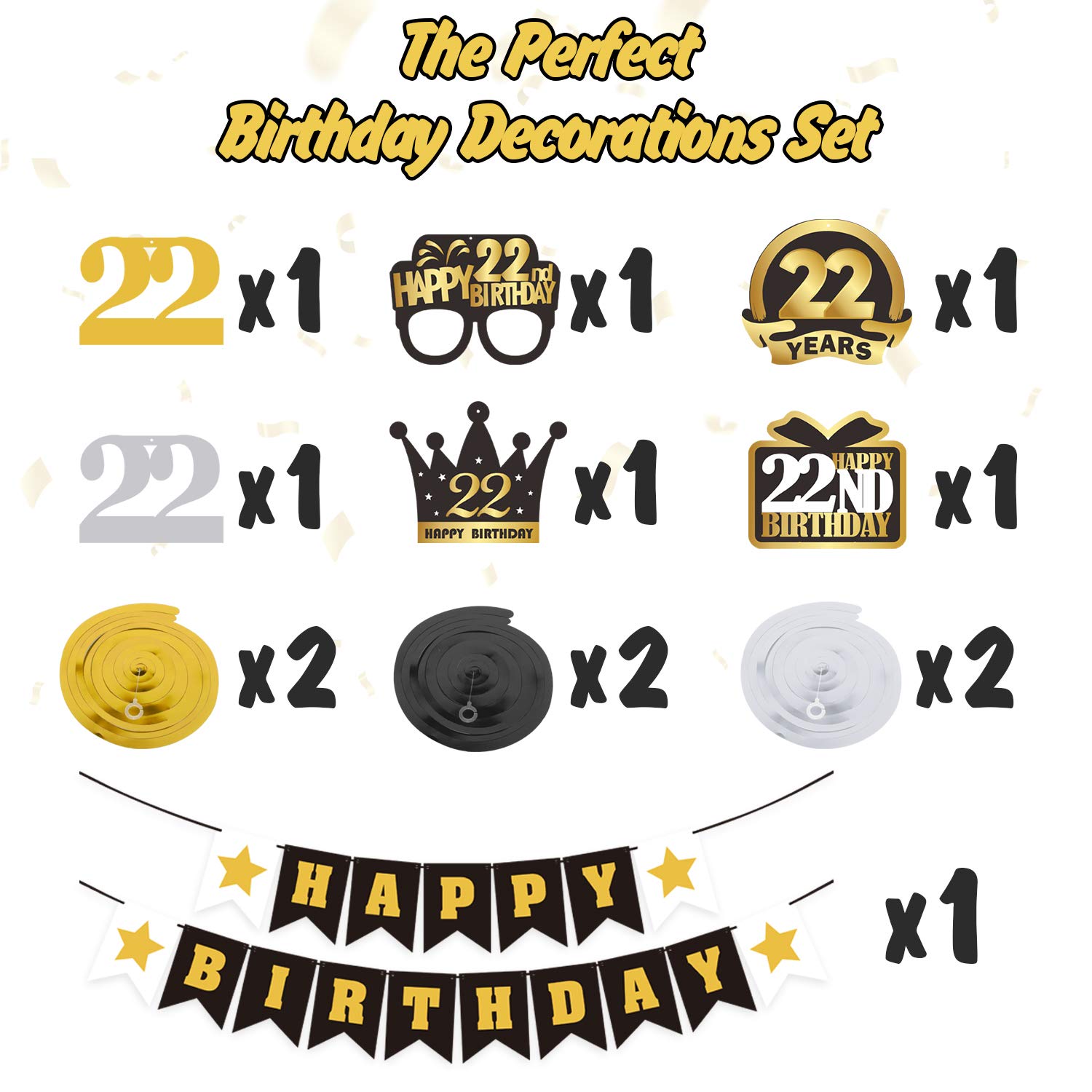 Happy 22nd Birthday Decorations Set - Swirl Streamers, Banner & Backdrop for 22nd Birthday Party Decor | Perfect for Milestone Celebrations, Photo Backdrops & Festive Room Decorations