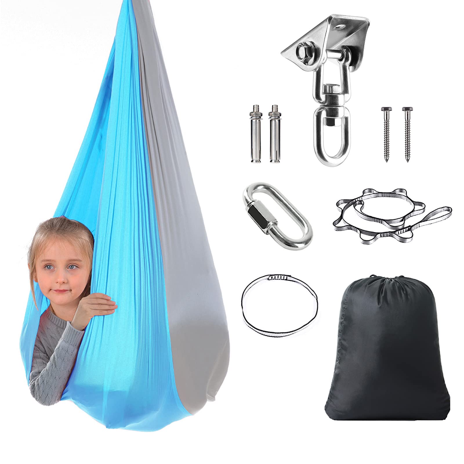 Sensory Swing for Kids & Adults with 360° Swivel Hanger - Indoor/Outdoor Therapy Swing for Autism, ADHD, Anxiety Relief - Double Layer Design with Included Hardware (Blue/Grey) - Perfect for Home, Classroom, and Therapy Rooms