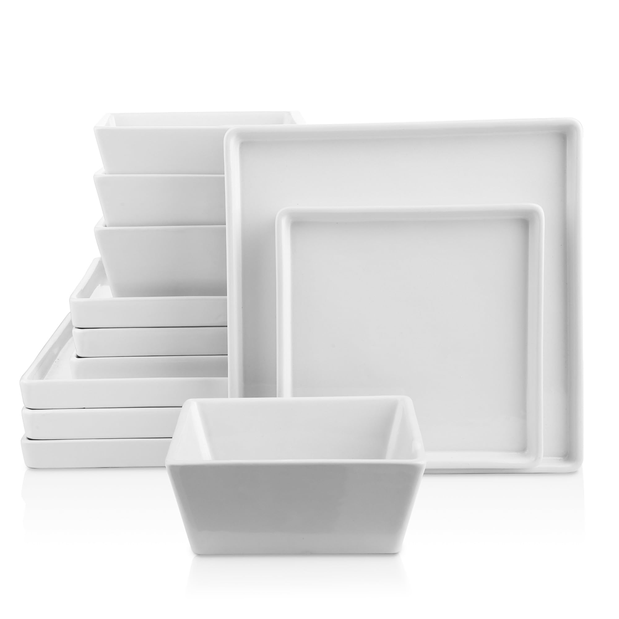 Premium 12-Piece Stoneware Dinnerware Set for 4 - White Square Plates & Bowls - Durable Stone Lain Grace Collection - Perfect for Everyday Dining, Dinner Parties & Restaurant Use