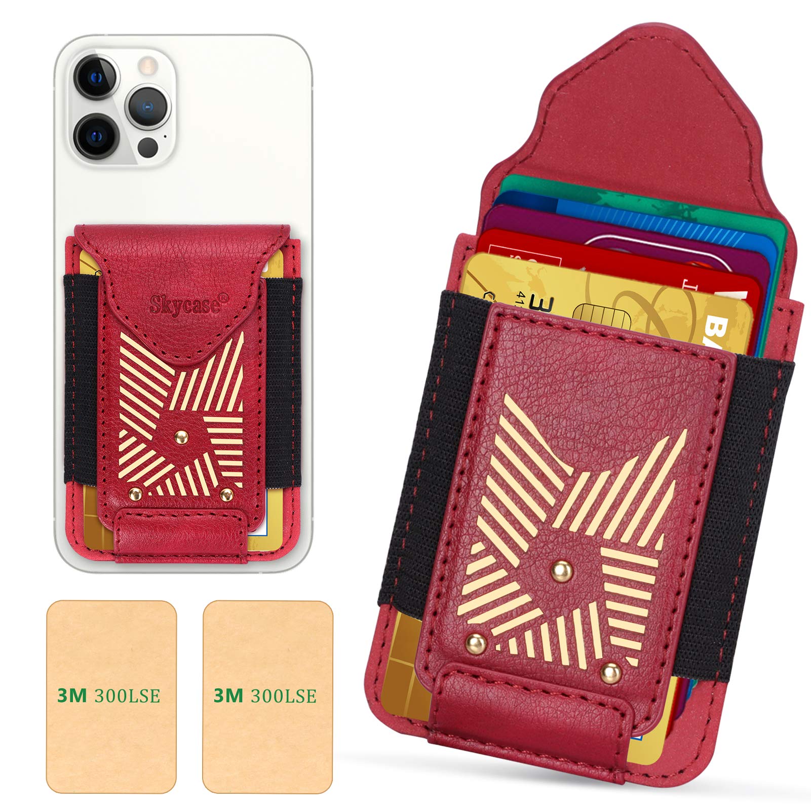 Skycase Stick On Wallet for Phone - Handmade PU Leather Credit Card Holder with 3M Adhesive & Magnetic Closure (2 Pack, Red) - Perfect for iPhone, Samsung & Smartphones - Hands-Free Convenience While Shopping, Traveling & Daily Use