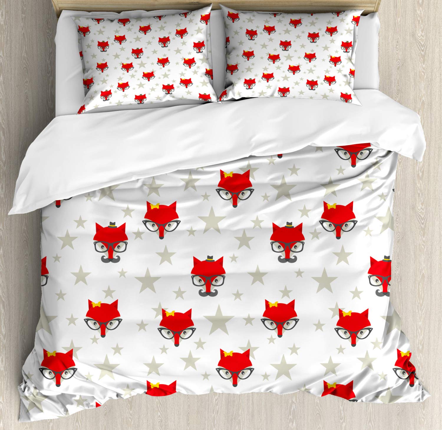 Ambesonne Cartoon Duvet Cover Set - Hipster Foxes with Hats & Glasses on Stars Background, Funny Animal Print 3-Piece Bedding Set with 2 Pillow Shams, Queen Size Coconut Scarlet & Grey - Perfect for Kids' Rooms, Teen Bedrooms & Whimsical Home Decor