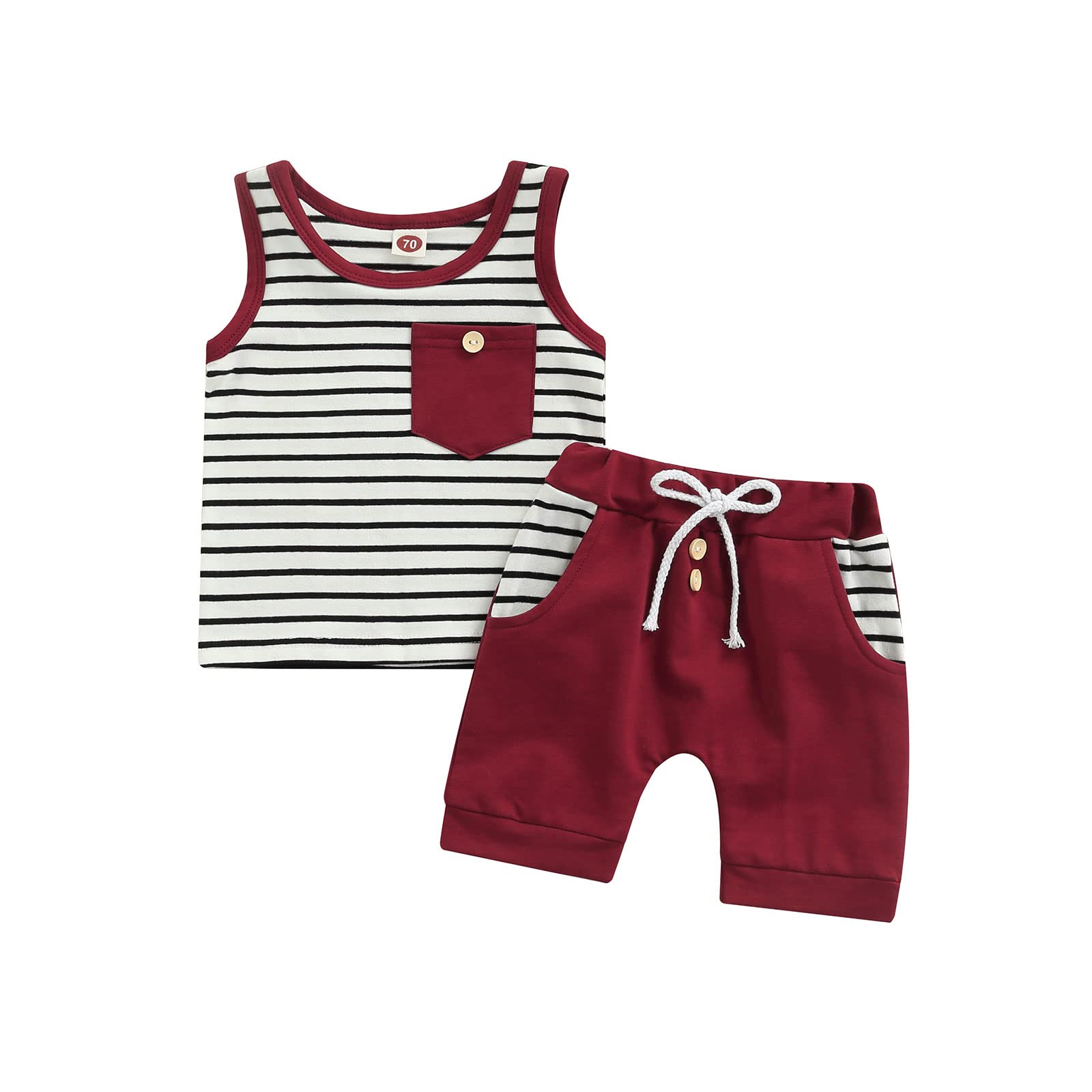 Blotona Toddler Boys Summer Outfit - 2Pcs Striped Tank Top & Drawstring Shorts Set | Soft & Breathable Cotton Casual Playwear for Beach, Park & Outdoor Activities