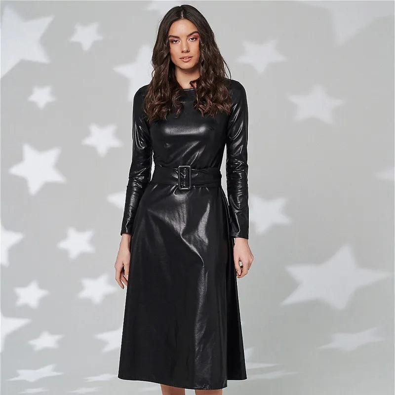 Stylish Faux Leather Belted Dress for Women - Slim Fit Long Sleeve PU Club Dress | Sexy Autumn Winter Outfit for Parties, Date Nights & Special Occasions