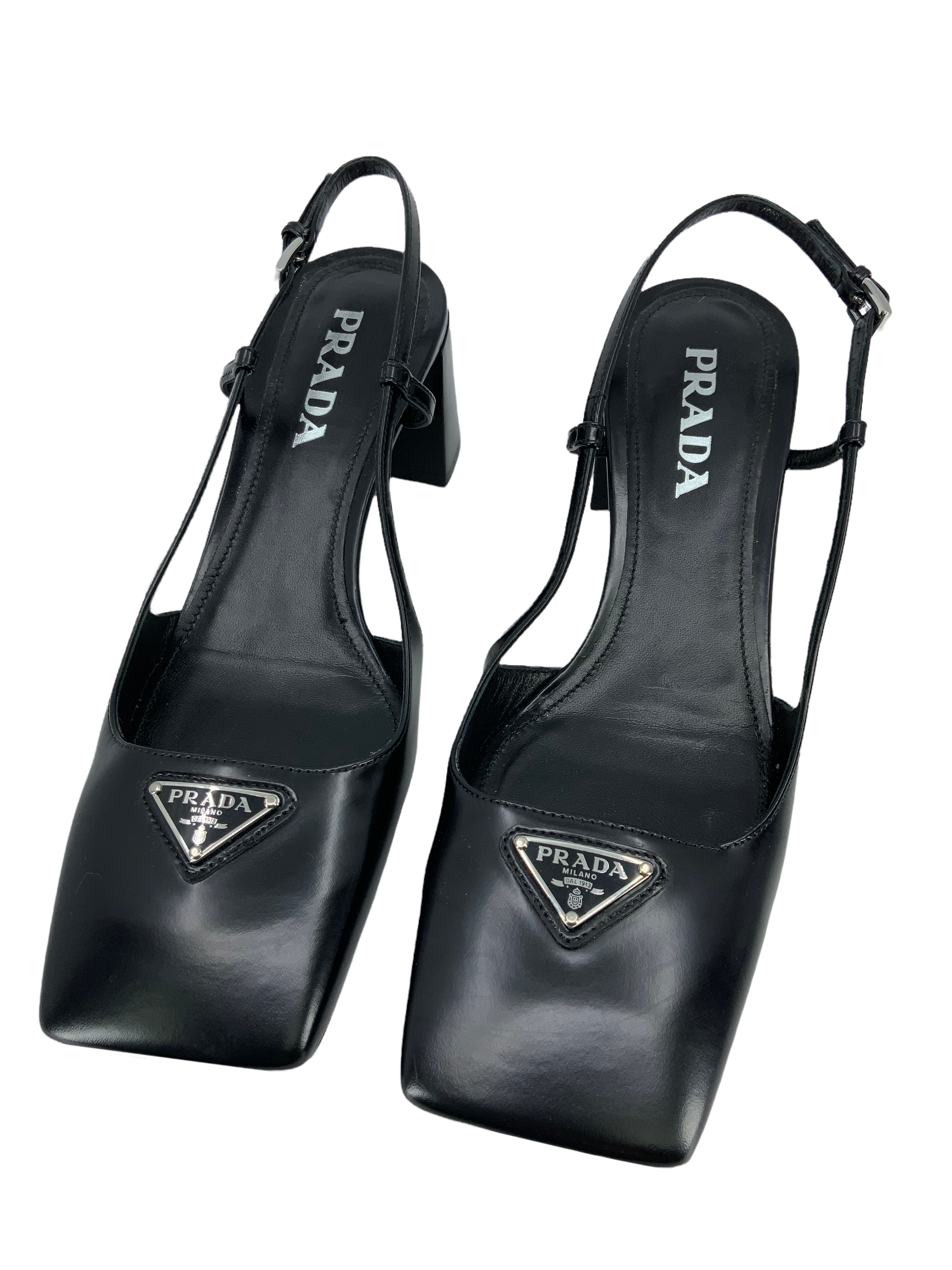 Prada Leather Slingback Pumps with Logo - Square Toe Heels for Women, Size 9 | Perfect for Office, Parties & Special Occasions