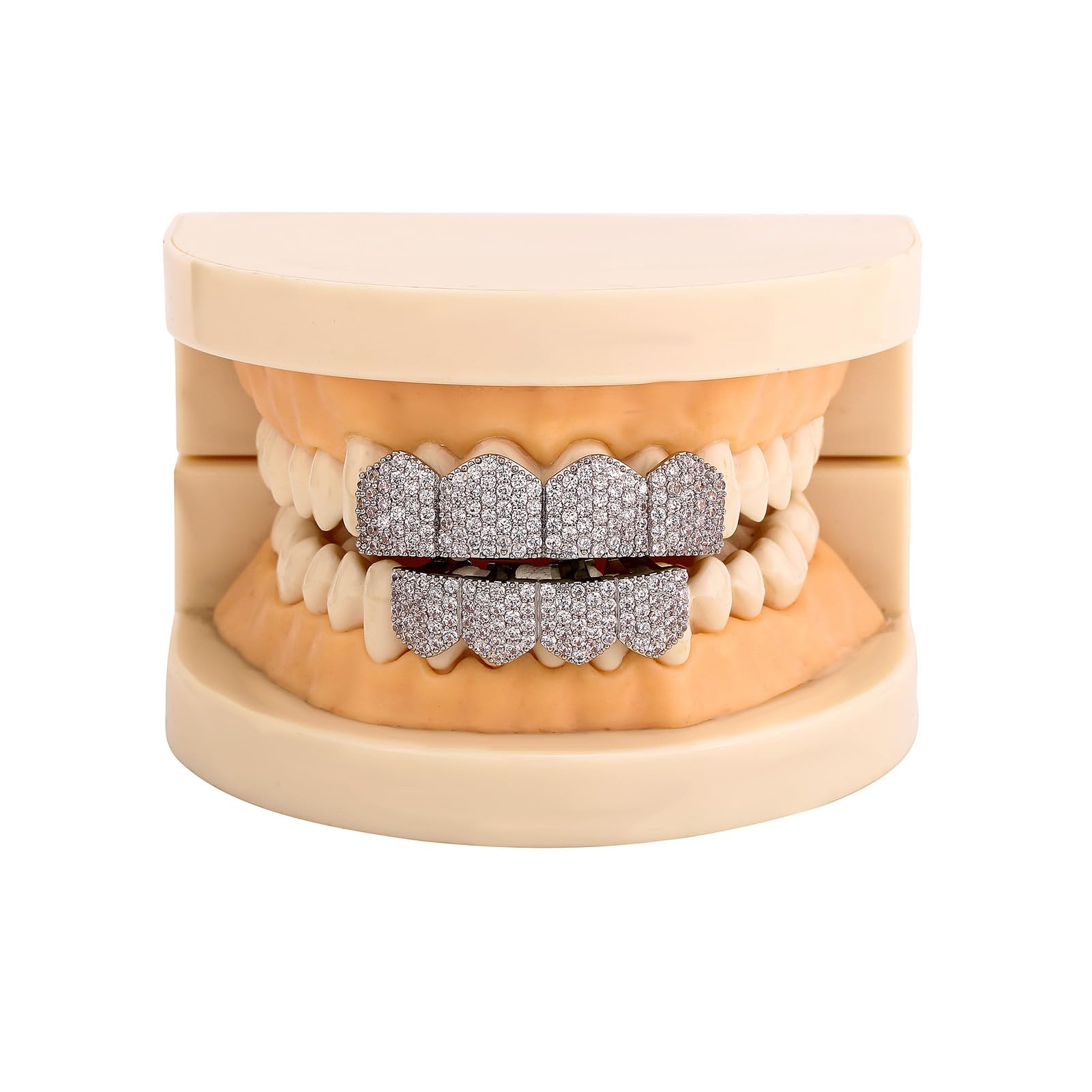 JINAO 4 Teeth Grillz - 14K Gold Plated Silver Hip Hop Grillz for Men & Women | Top & Bottom Tooth Jewelry | Perfect for Parties, Concerts & Rap Performances