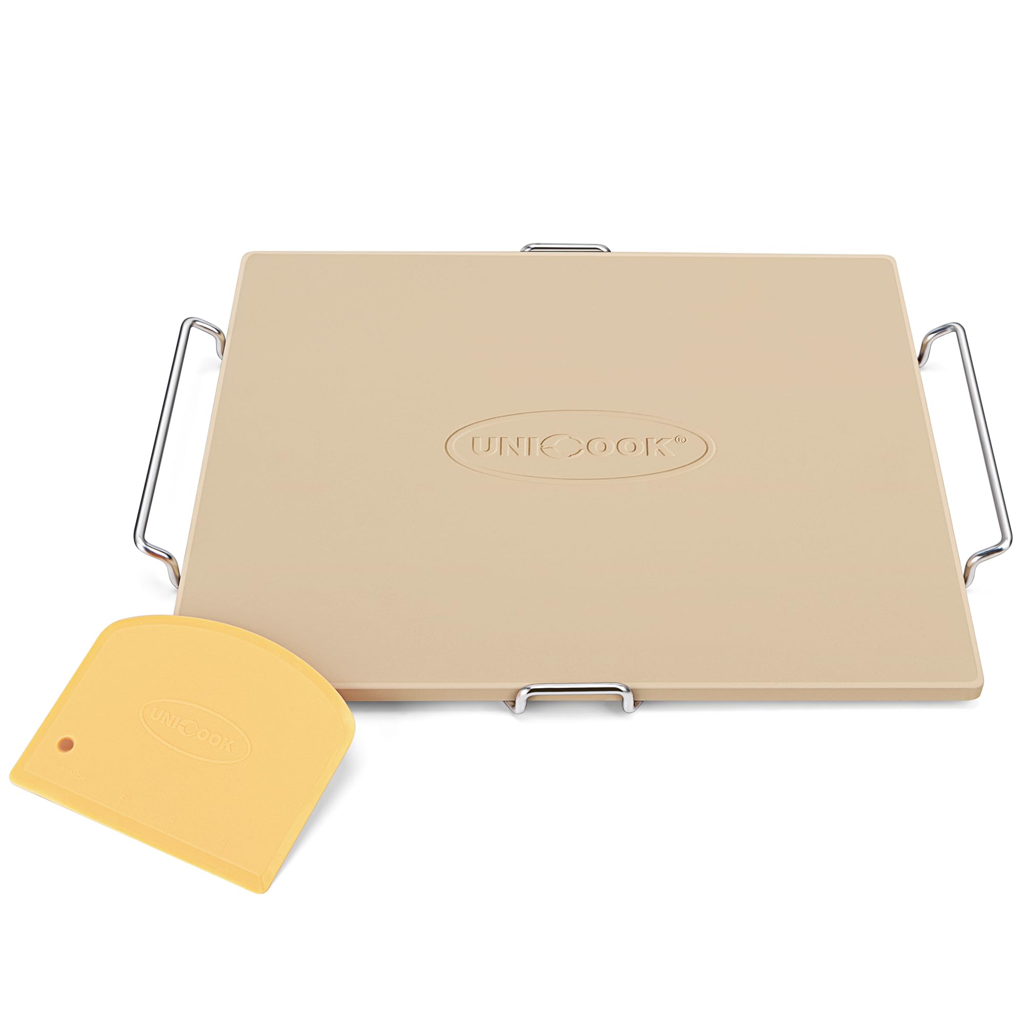 Unicook 16 x 14 Inch Cordierite Pizza Stone for Oven & Grill - Rectangular Baking Stone for Bread, Pizza, Cookies - Includes Carry Rack & Dough Scraper - Perfect for Home Baking, Outdoor BBQ & Restaurant Use