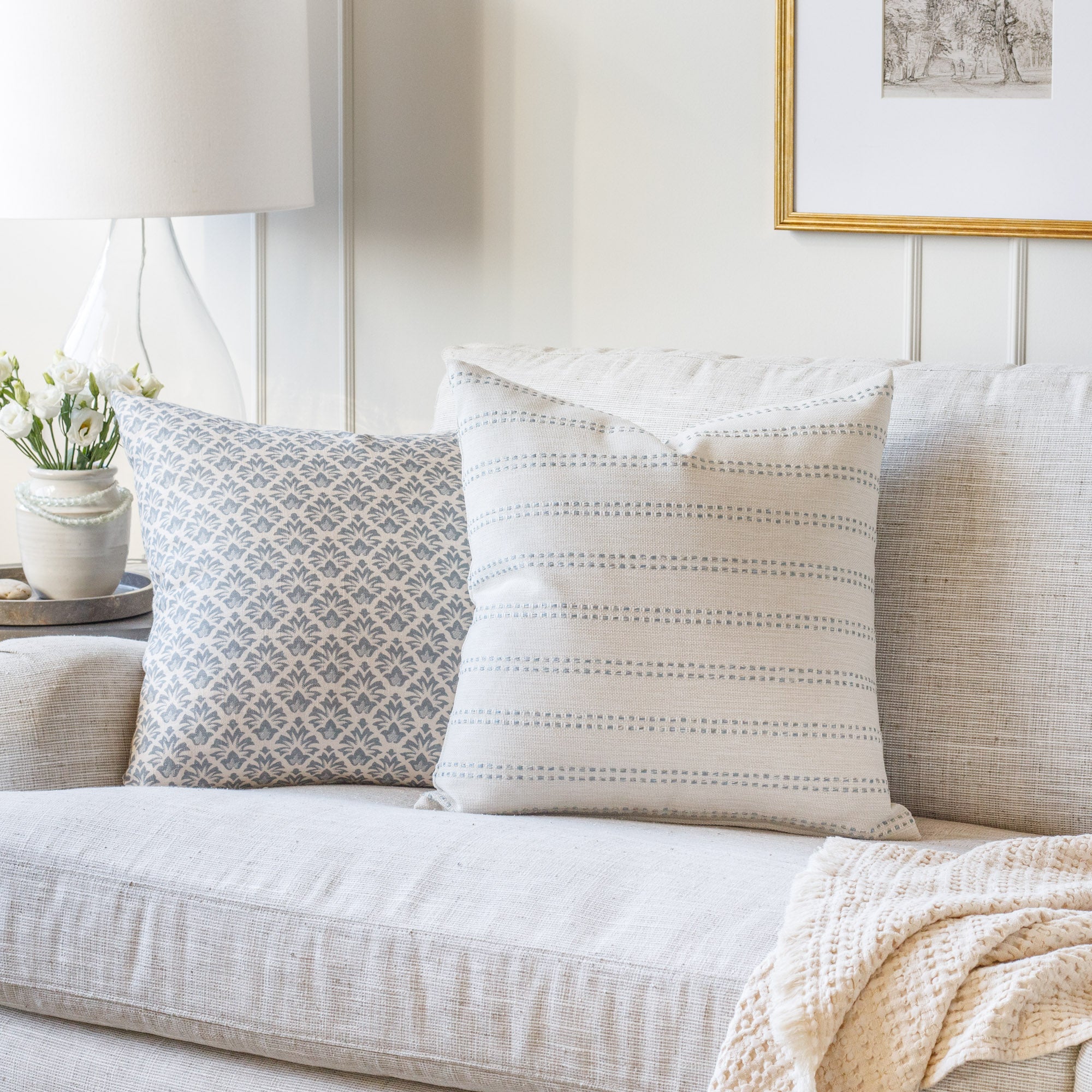 Elodie Stripe 20x20 Decorative Throw Pillow Cover - Sky Blue Cotton Linen Blend Cushion Case for Sofa, Bed, Living Room & Home Decor