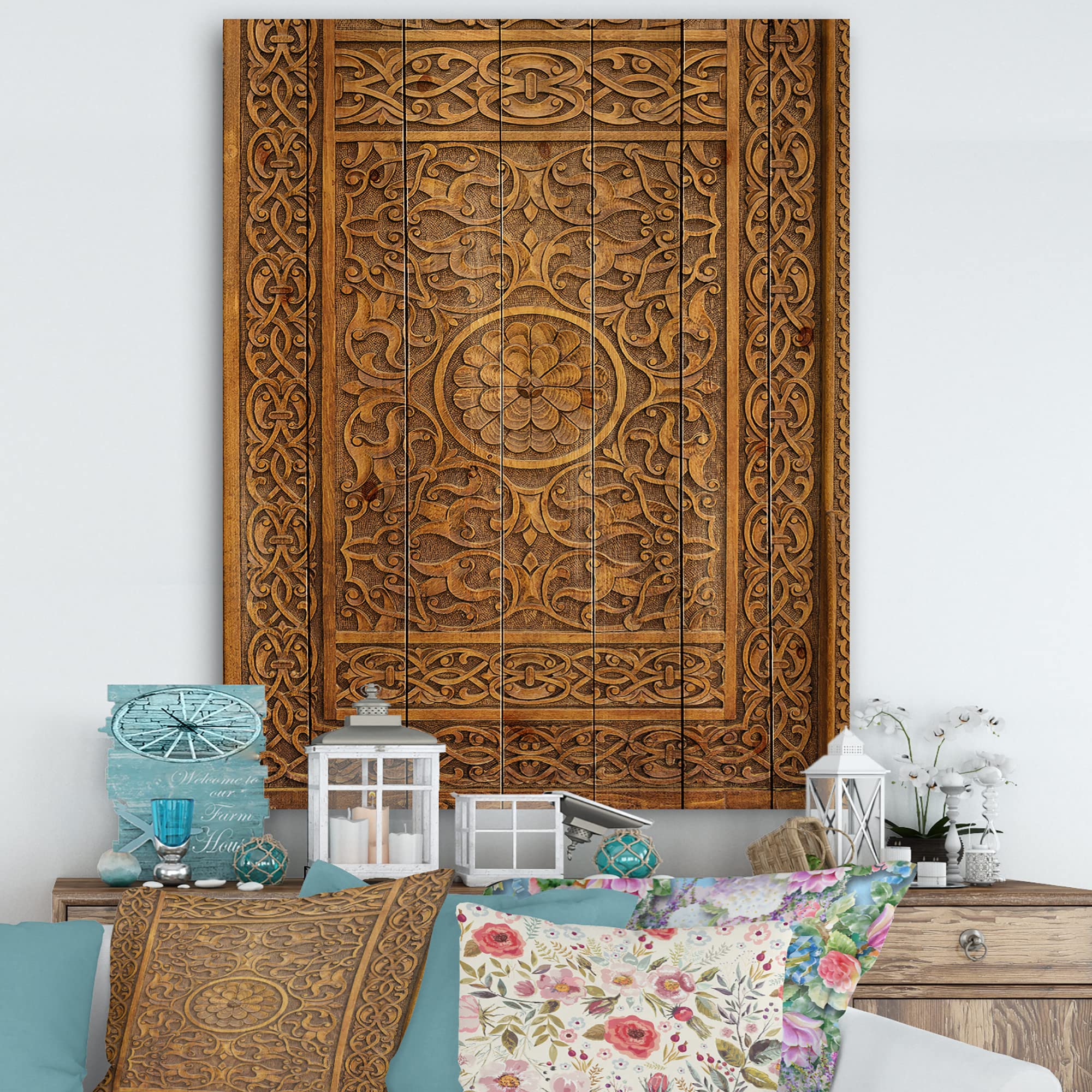 Handcrafted Wooden Wall Art - Traditional Carved Wood Door Design, Large Abstract Brown Wood Panel Decor for Living Room, Bedroom & Office | Natural Pine Wood Wall Hanging Art