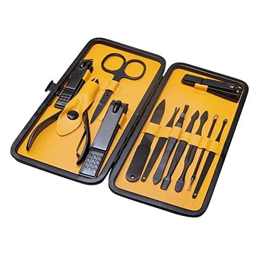 12-in-1 Professional Manicure Set with Stainless Steel Nail Clippers, Scissors & Blackhead Tools | Portable Leather Travel Case | Perfect for Home, Travel & Salon Use (Yellow)
