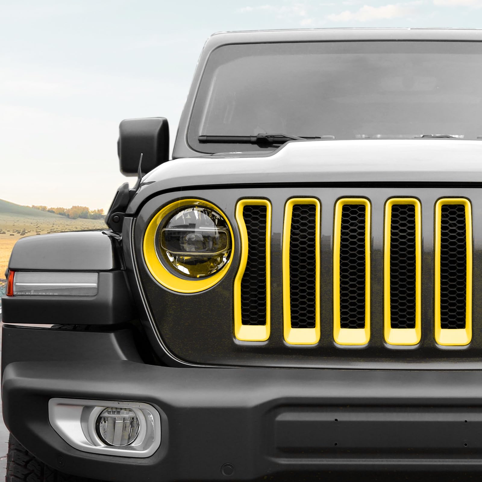RT-TCZ Jeep Wrangler JL/JLU (2018-2022) Mesh Front Grille Insert with Headlight Covers - 9-Piece Yellow Exterior Accessory Kit for Off-Road Protection & Style Enhancement | Perfect for Trail Riding, Urban Driving & Jeep Customization