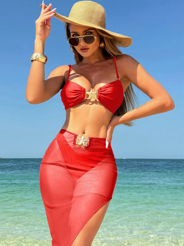 ZASUWA Women's Sexy Starfish Print Sheer Mesh 3 Piece Bikini Set - Perfect for Beach Vacations, Pool Parties & Summer Getaways