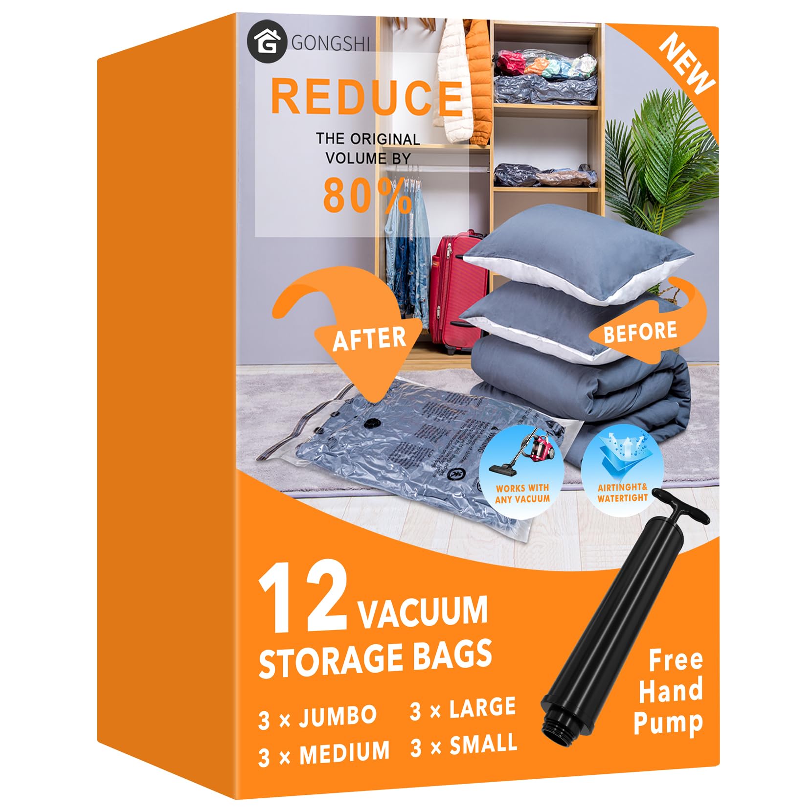 12 Pack Vacuum Storage Bags Set (3 Jumbo + 3 Large + 3 Medium + 3 Small) | Space Saving Compression Bags with Hand Pump for Blankets, Clothes & Seasonal Storage | Perfect for Travel, Moving & Home Organization