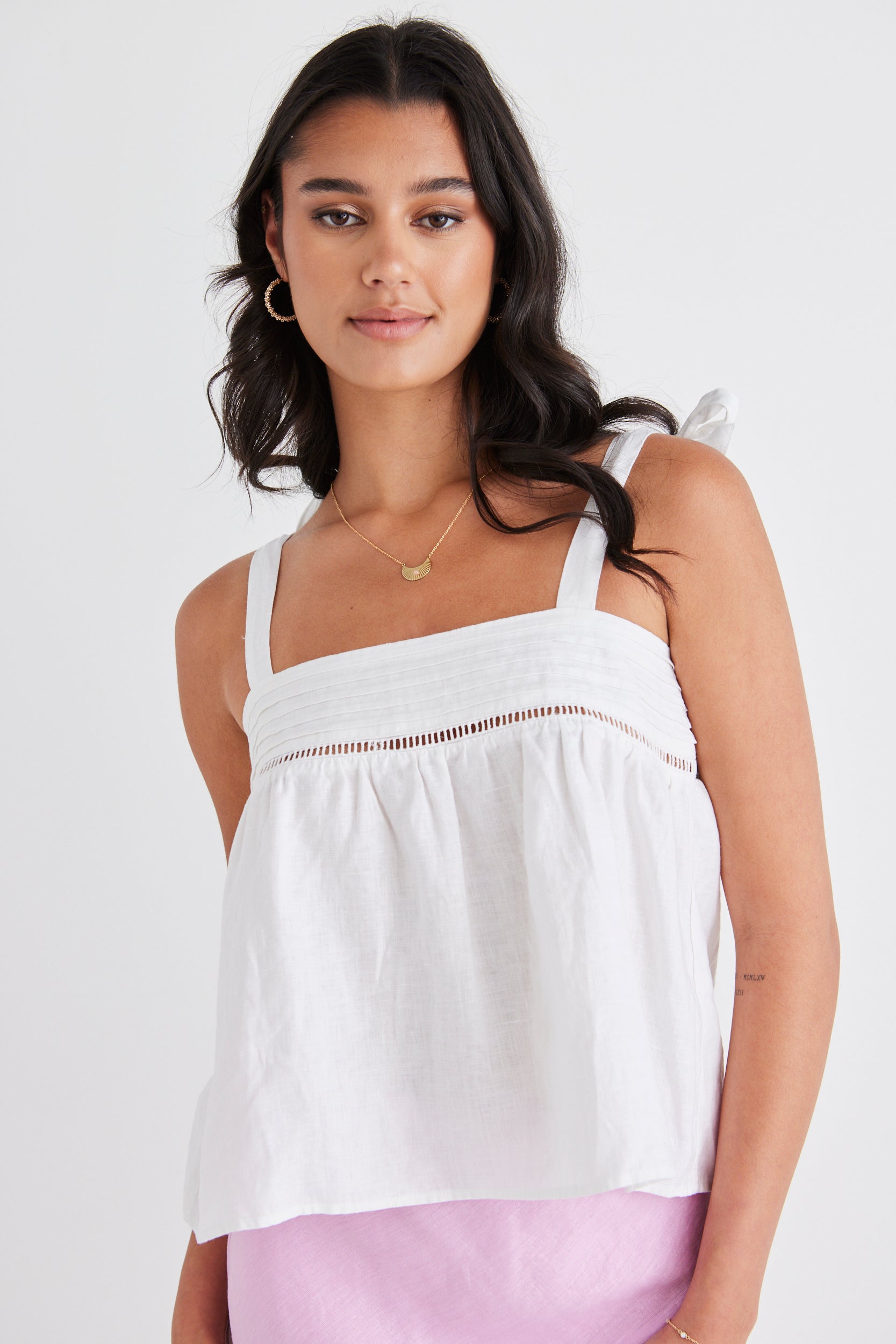 Fluid White Linen Reversible Tie Shoulder Cami Top - Women's Summer Beachwear & Casual Outfit Essential