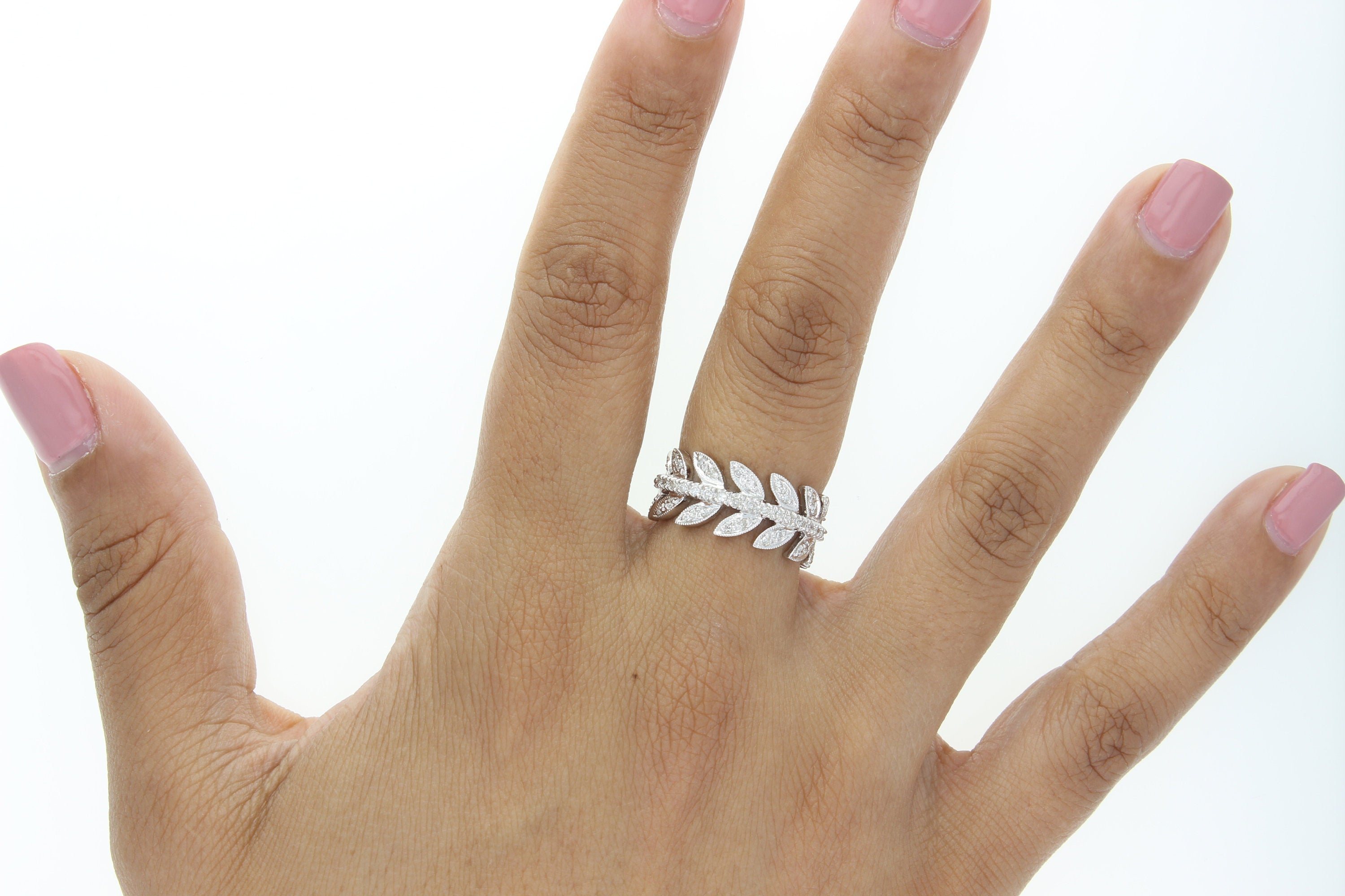 Eternity Diamond Leaf Design Ring .35cttw 14k White Gold - Elegant Nature-Inspired Wedding Band for Women, Perfect for Anniversaries & Romantic Occasions