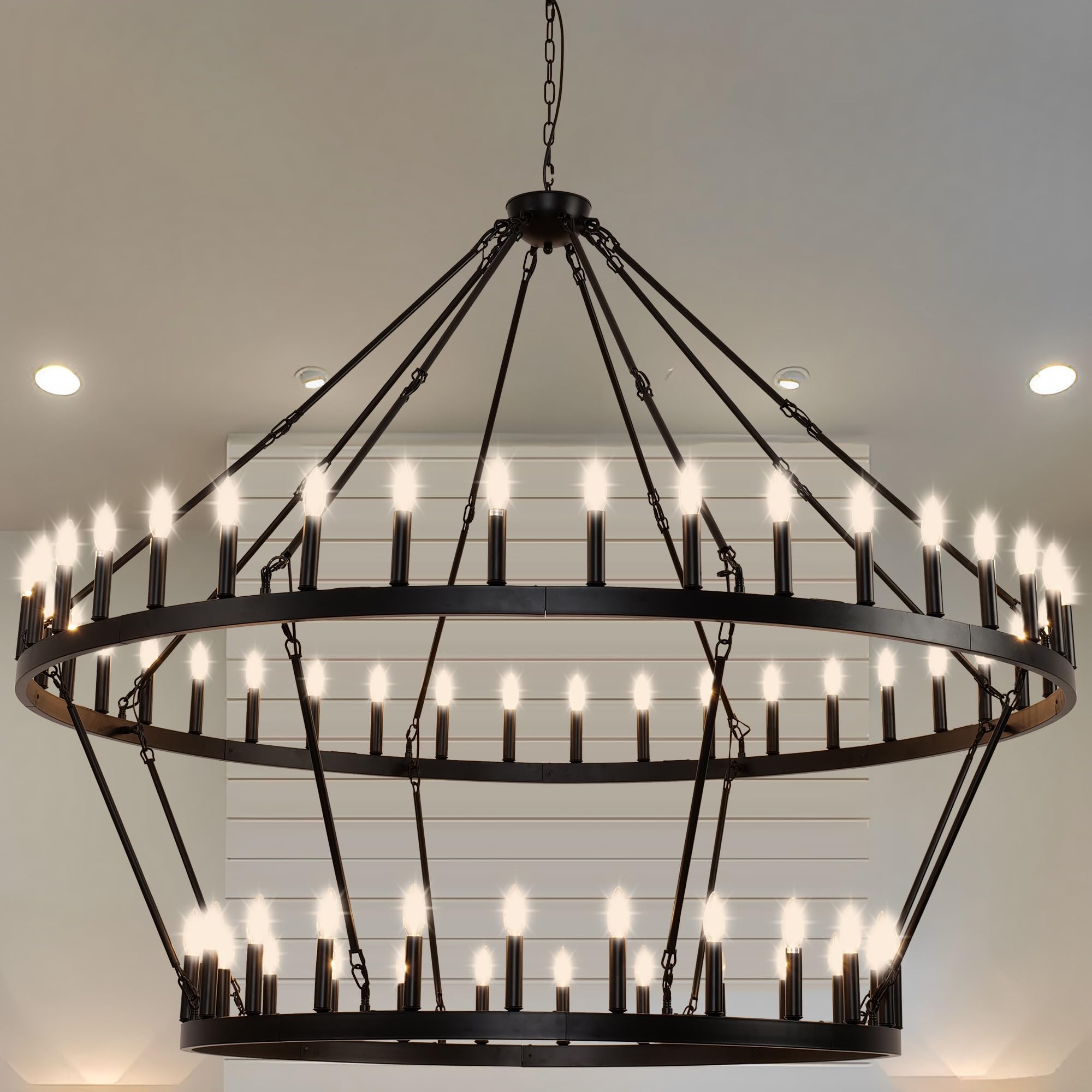 70 Inch Extra Large Wagon Wheel Chandelier - 2 Tier 64-Lights Black Farmhouse Pendant Light Fixture, Round Rustic Hanging Ceiling Light for Dining Room, Living Room, Foyer & High Ceiling Spaces