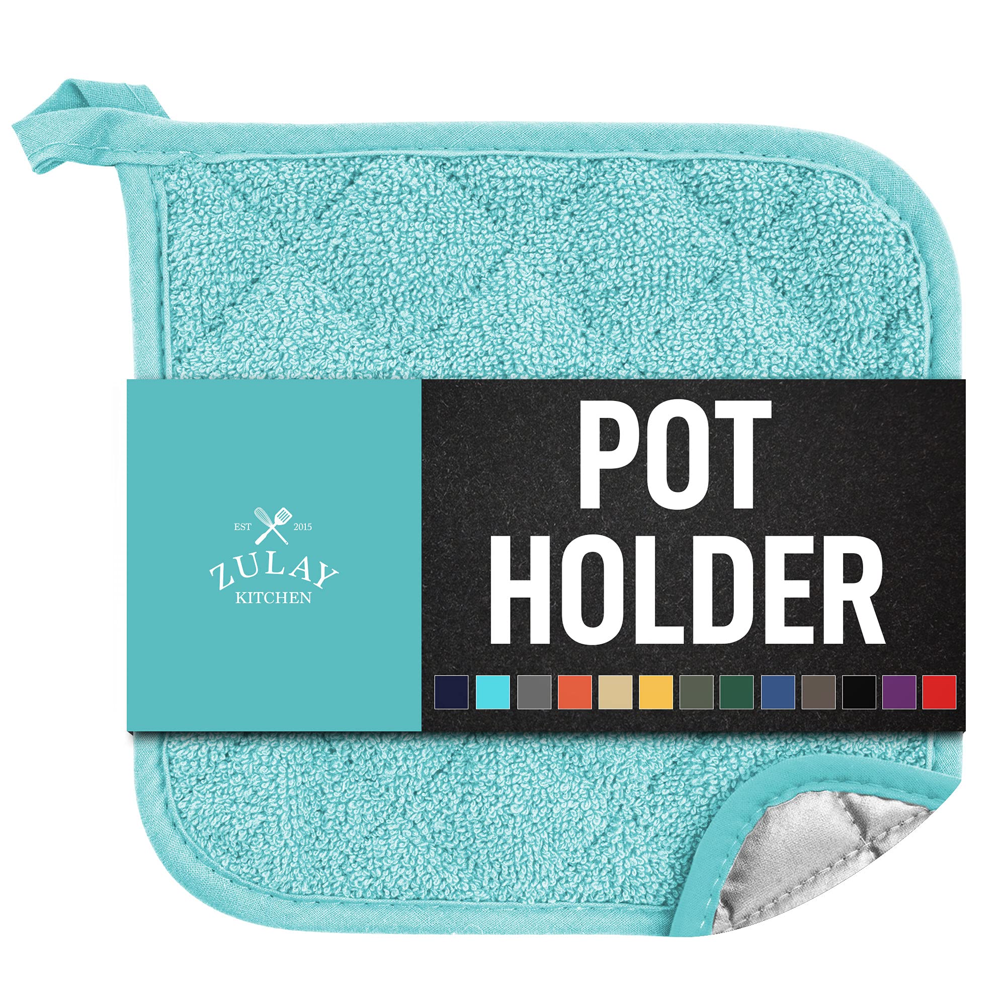 Zulay Heat Resistant Cotton Pot Holders Set - 7x7 Inch Quilted Terry Cloth Potholders for Kitchen, Cooking & Baking - Washable & Durable Hot Pads for Stove, Oven & Grilling (Aqua, 1-Pack) - Perfect for Handling Hot Pots, Pans & Baking Trays Safely