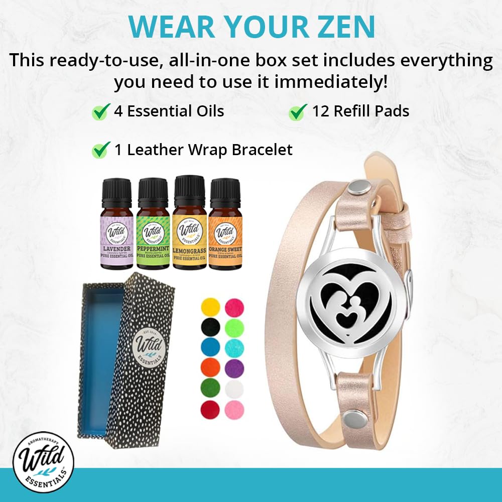 Wild Essentials Flamingo Aromatherapy Bracelet - Essential Oil Diffuser Leather Wrap Bracelet Gift Set with Lavender, Lemongrass, Peppermint & Orange Oils | 12 Refill Pads | Customizable Color Changing Perfume Jewelry for Women | Perfect for Yoga, Meditation & Stress Relief
