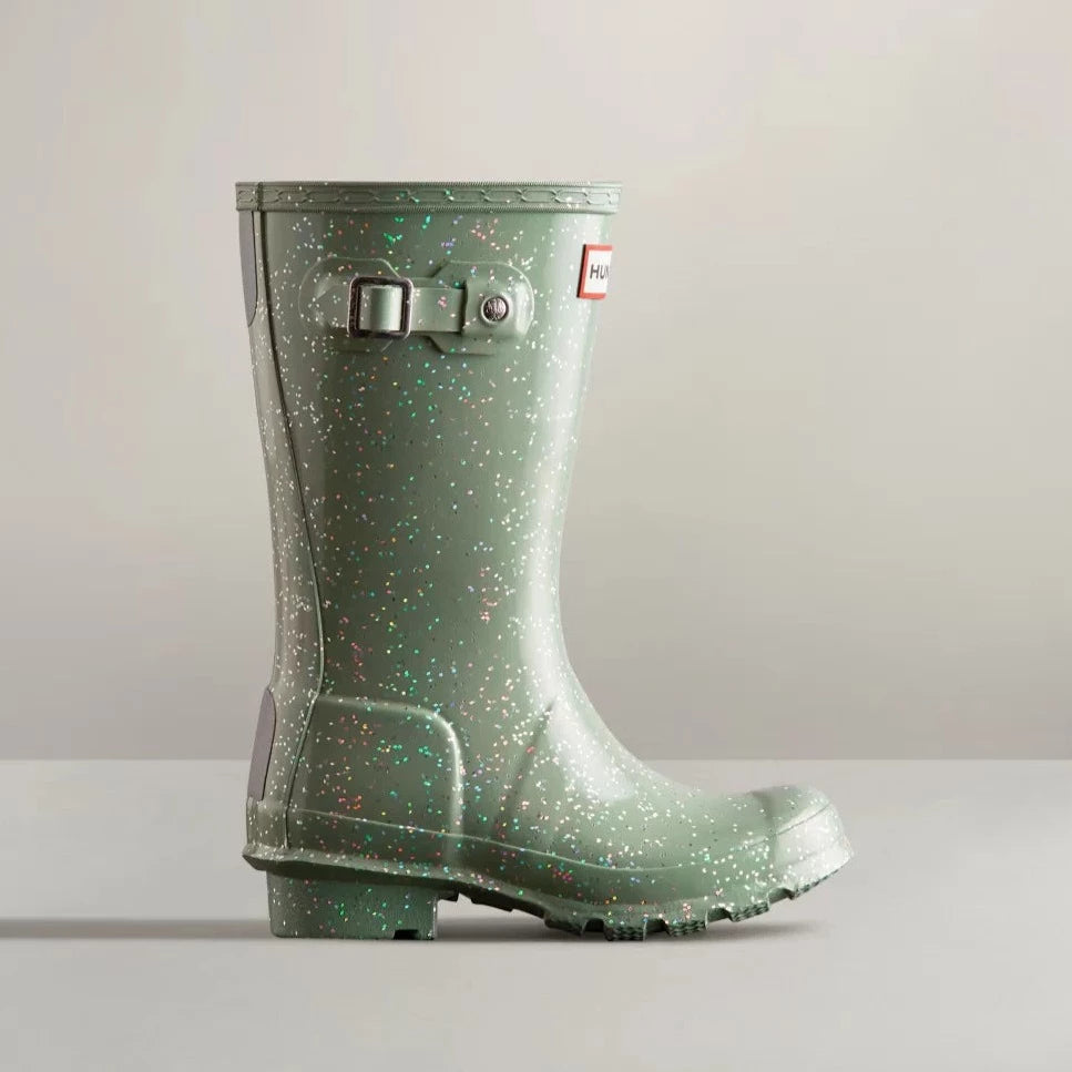 Hunter Sweet Gale Green Giant Glitter Rain Boots - Waterproof Women's Chelsea Rain Boots for Outdoor, Gardening & Festivals - Fashionable Shiny Rain Boots for Women