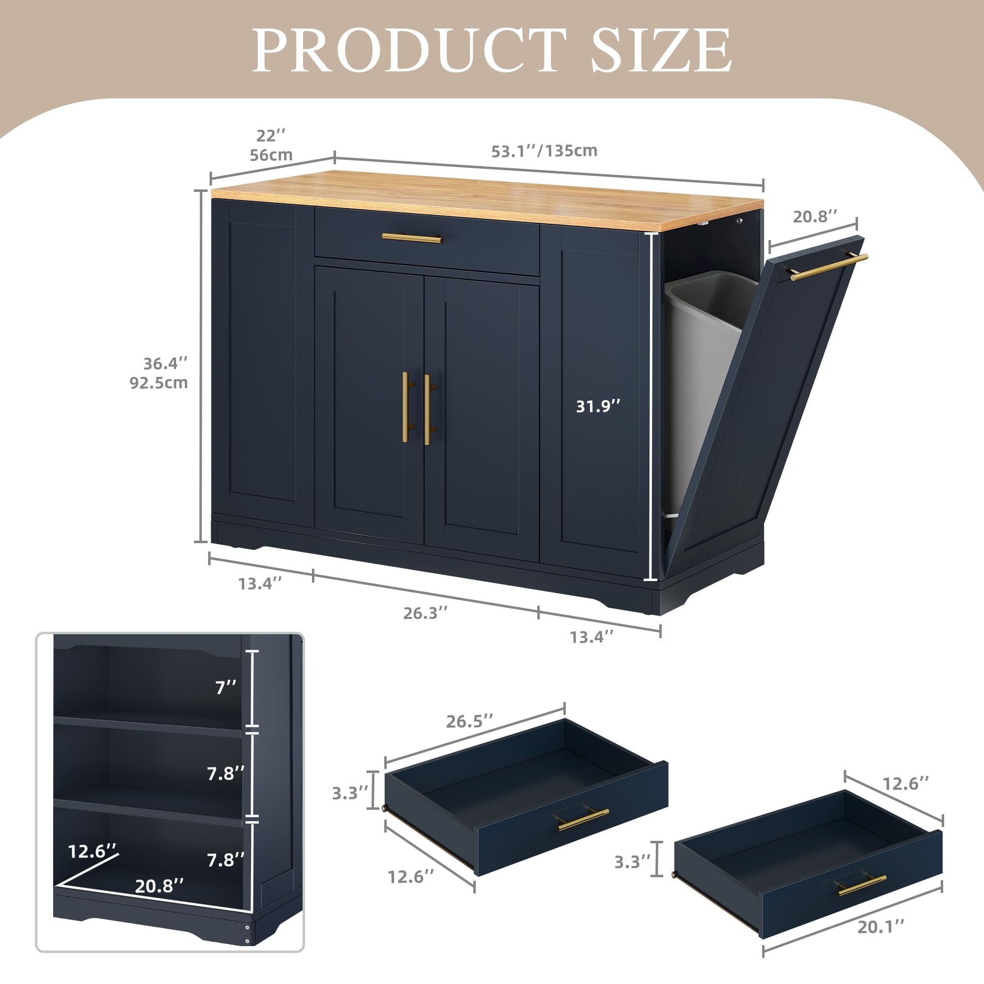 DWVO 53-Inch Large Kitchen Island with Storage & Seating - Rolling Portable Kitchen Cart with Trash Can Cabinet for 13 Gallon Garbage Bin, Navy Blue - Perfect for Small Kitchens, Dining Areas & Home Organization