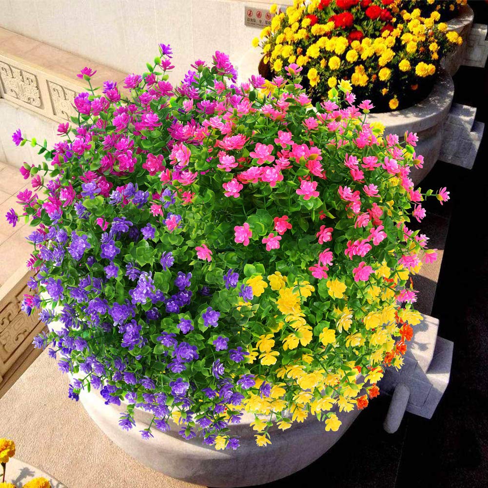 UV Resistant Artificial Boxwood Plants 4 Pack - Fake Outdoor Greenery Shrubs for Hanging Planters, Indoor & Outdoor Decor - Perfect for Home, Office, Wedding, Farmhouse (Pink)