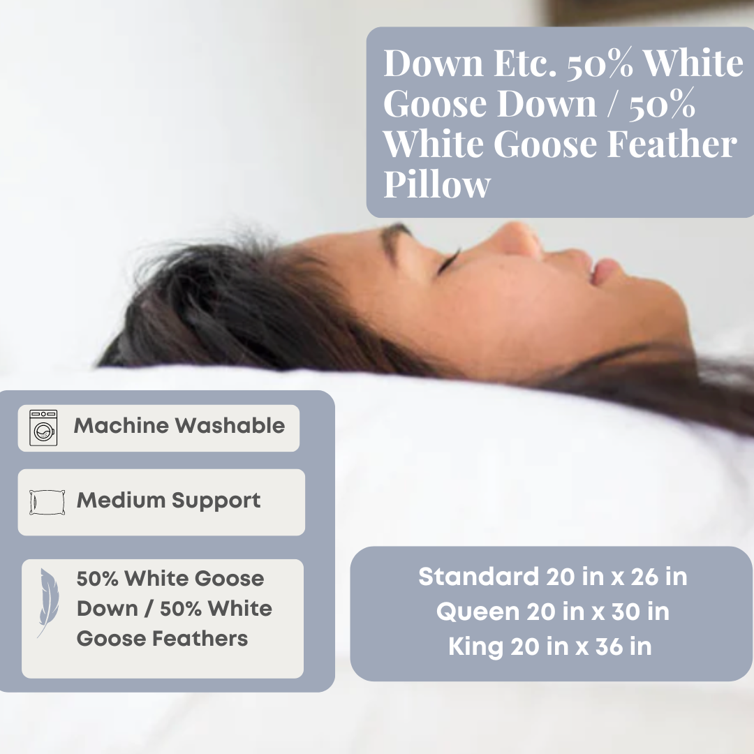 Premium 50% White Goose Down & 50% White Goose Feather Pillow - Ultra Soft & Supportive for Side, Back & Stomach Sleepers - Perfect for Bedroom, Guest Room & Travel