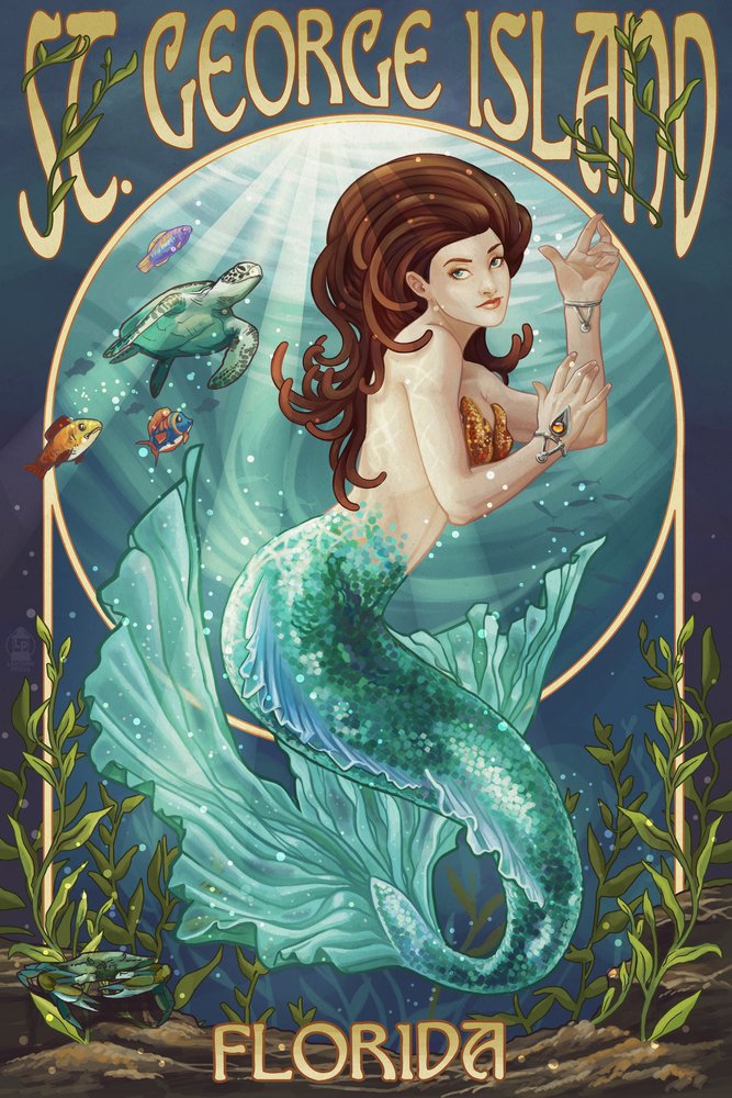 St. George Island Florida Mermaid Signed Art Print 24x36 - Coastal Wall Decor for Beach House, Living Room & Office | Master Art Poster by [Artist Name]