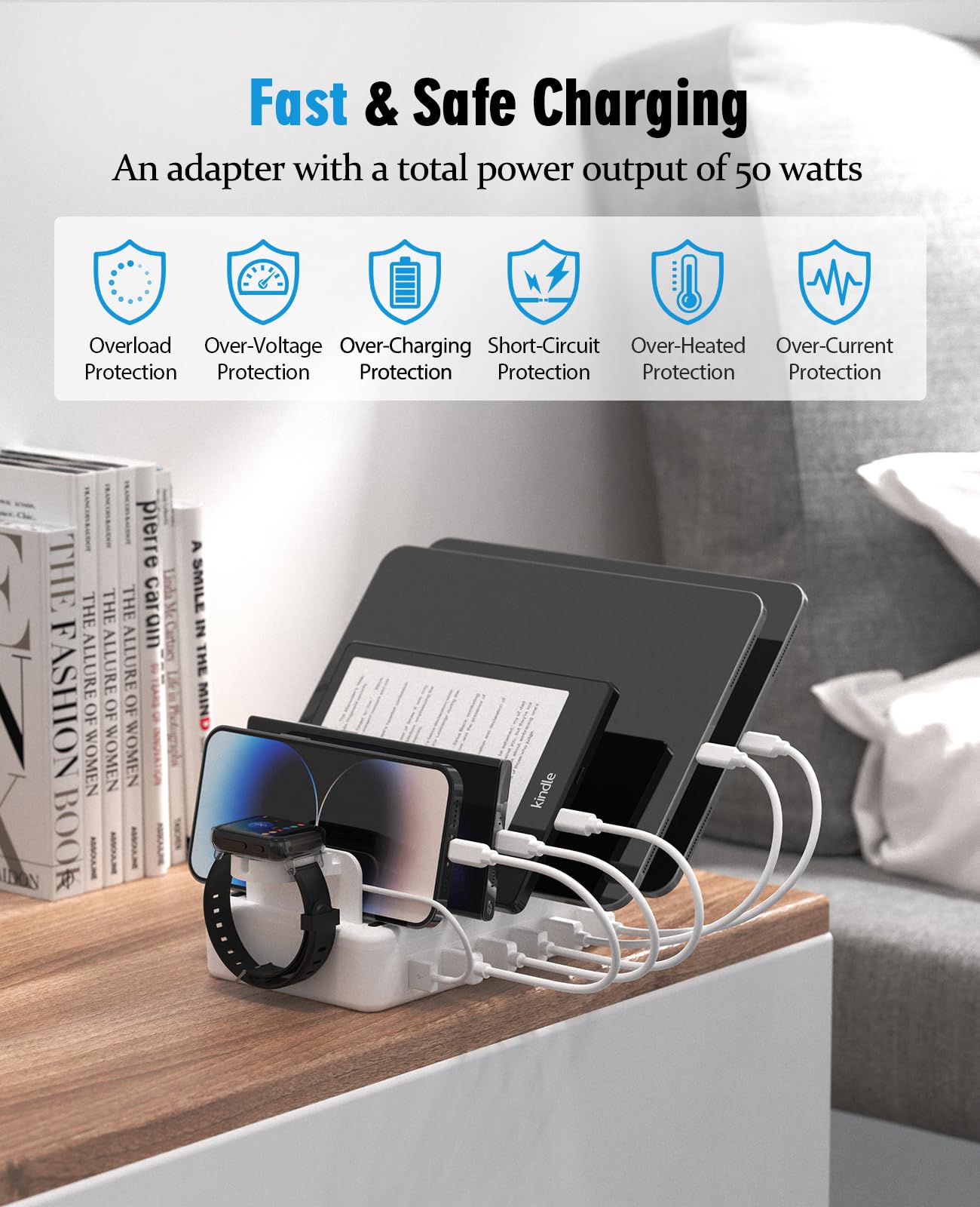 2025 New 6-Port USB Fast Charging Station - 50W Multi-Device Charger Dock with Watch Charger for iPhone, Android, iPad, Kindle & Smartwatches - Perfect for Home, Office & Travel Organization