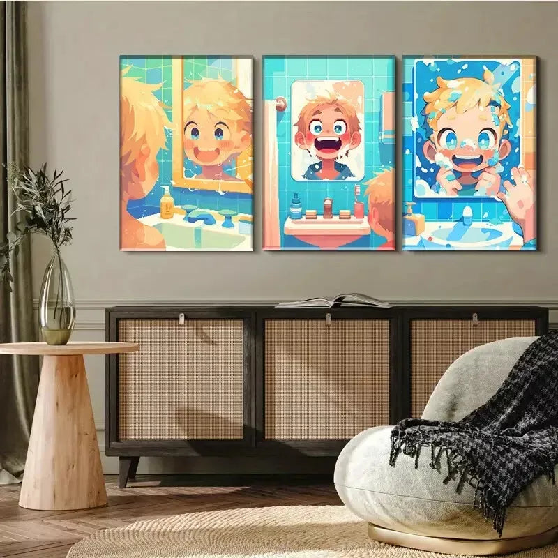 3-Piece Cute Boy Washing Face Comic Style Wall Art Set - Framed Canvas 40x60cm - High Quality Print - 100% Australian Made - Ready to Hang - Perfect for Kids' Room, Bathroom Decor & Playroom Wall Art
